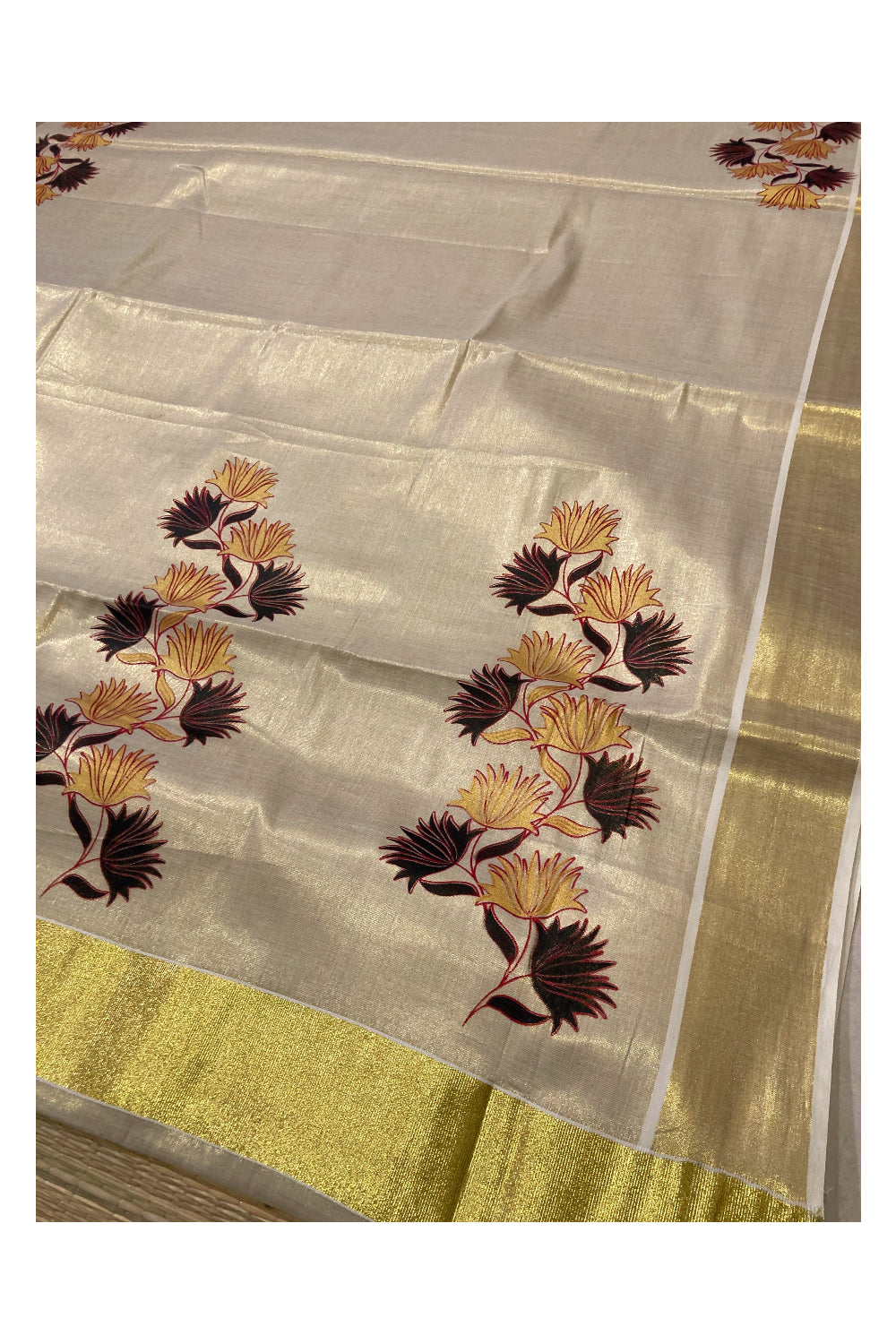 Kerala Tissue Kasavu Saree With Mural Printed Black and Yellow Floral Design