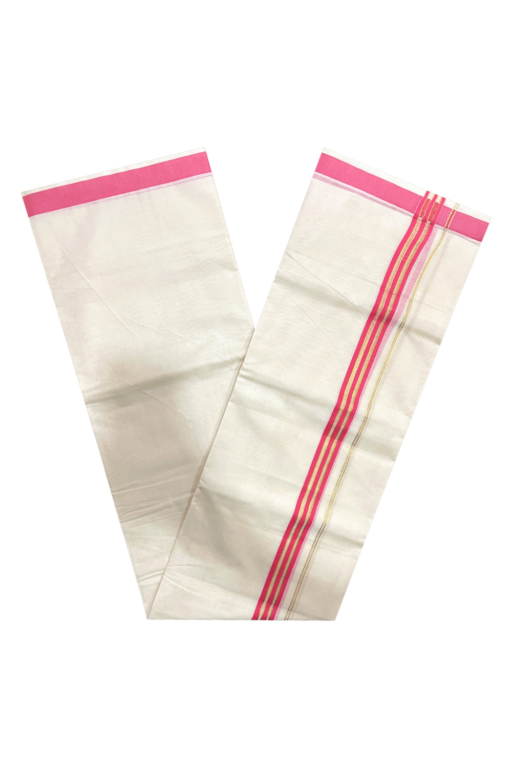 Pure Cotton Off White Double Mundu with Pink and Kasavu Kara (South Indian Kerala Dhoti)