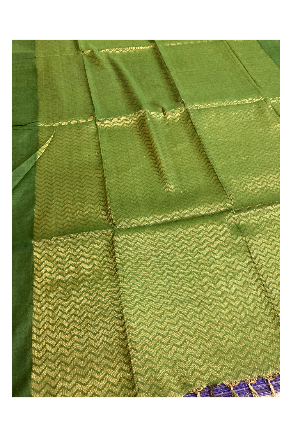 Southloom Cotton Kasavu Designer Woven Works in Green Saree