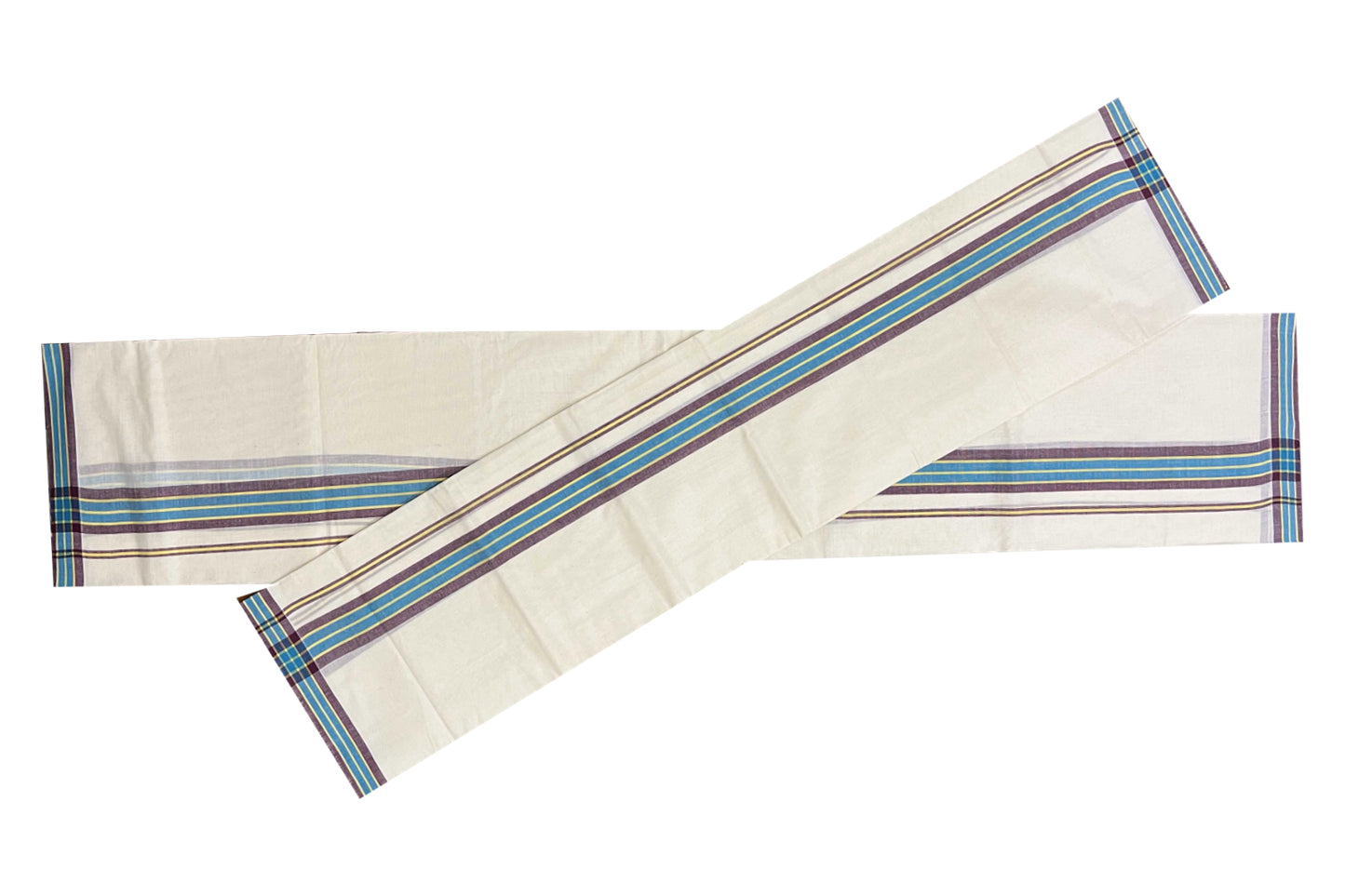 Kerala Cotton Mundum Neriyathum Single (Set Mundu) with Maroon and Blue Mulloth Border (Extra Soft Cotton)