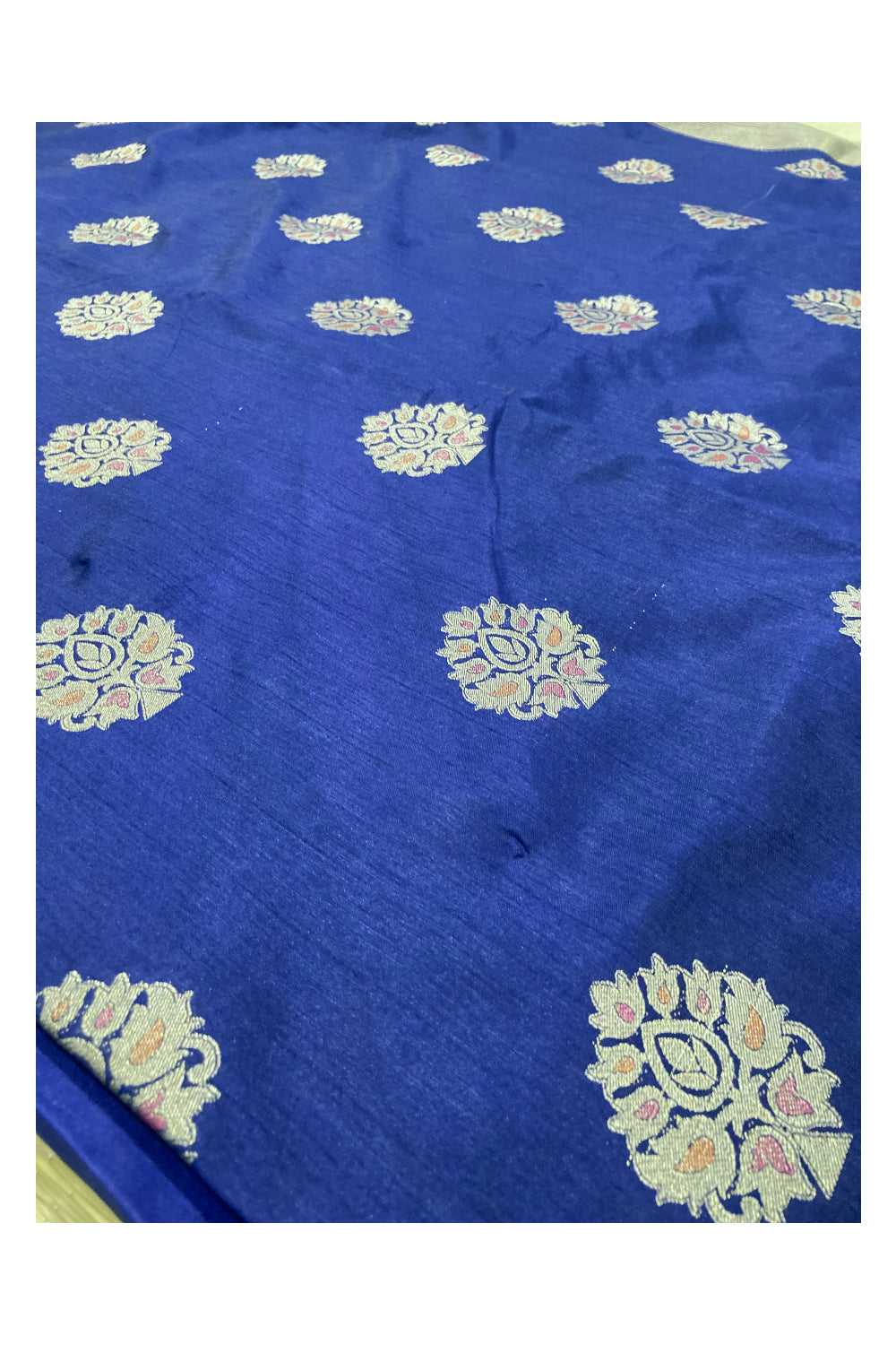 Southloom Tussar Dark Blue Floral Woven Designer Saree with Tassels Work