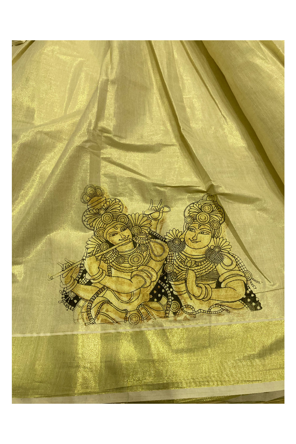 Kerala Tissue Semi Stitched Dhavani Set with Krishna Radha Mural ...