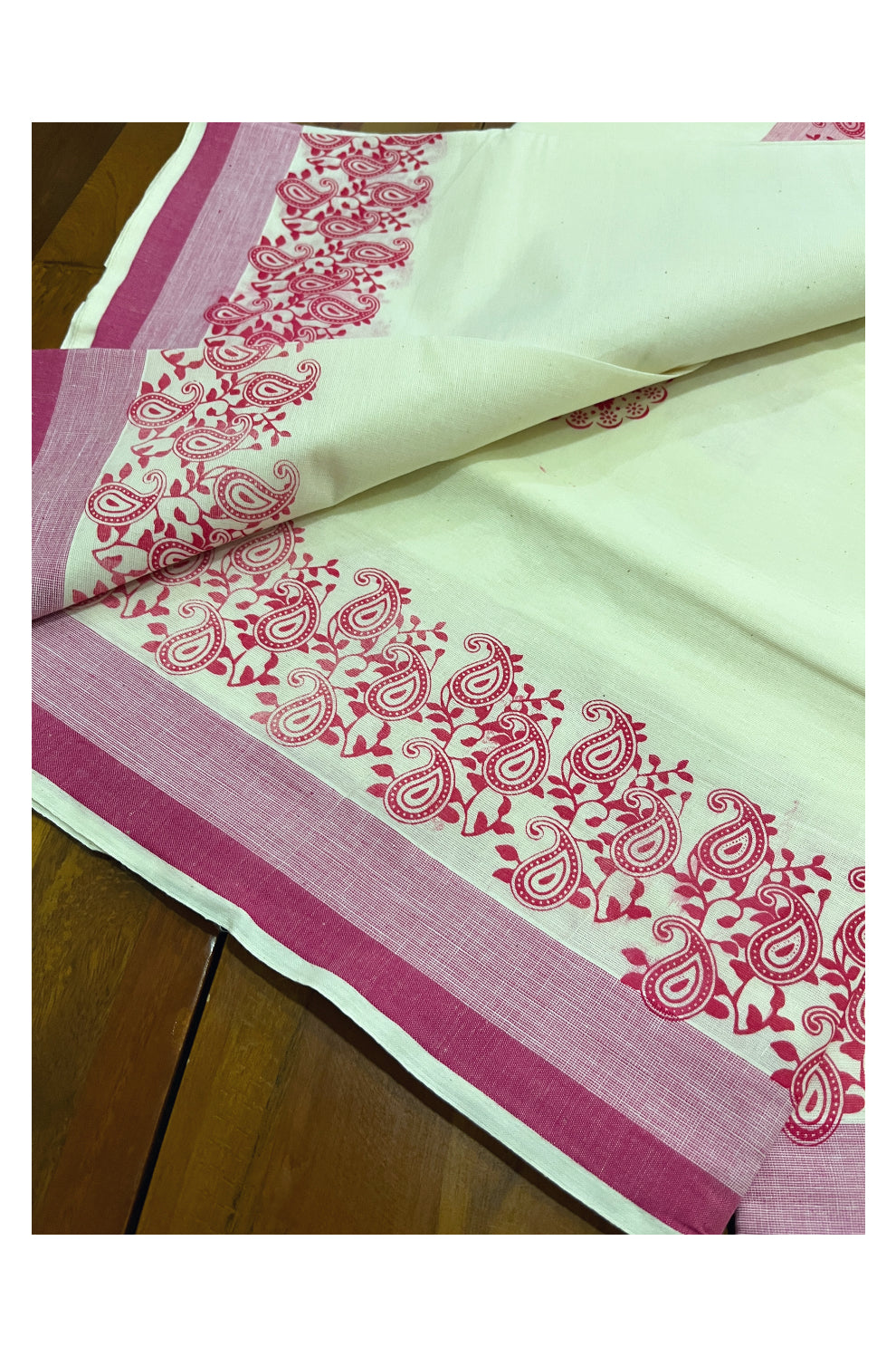 Pure Cotton Off White Kerala Saree with Pink Paisley Block Prints on Border