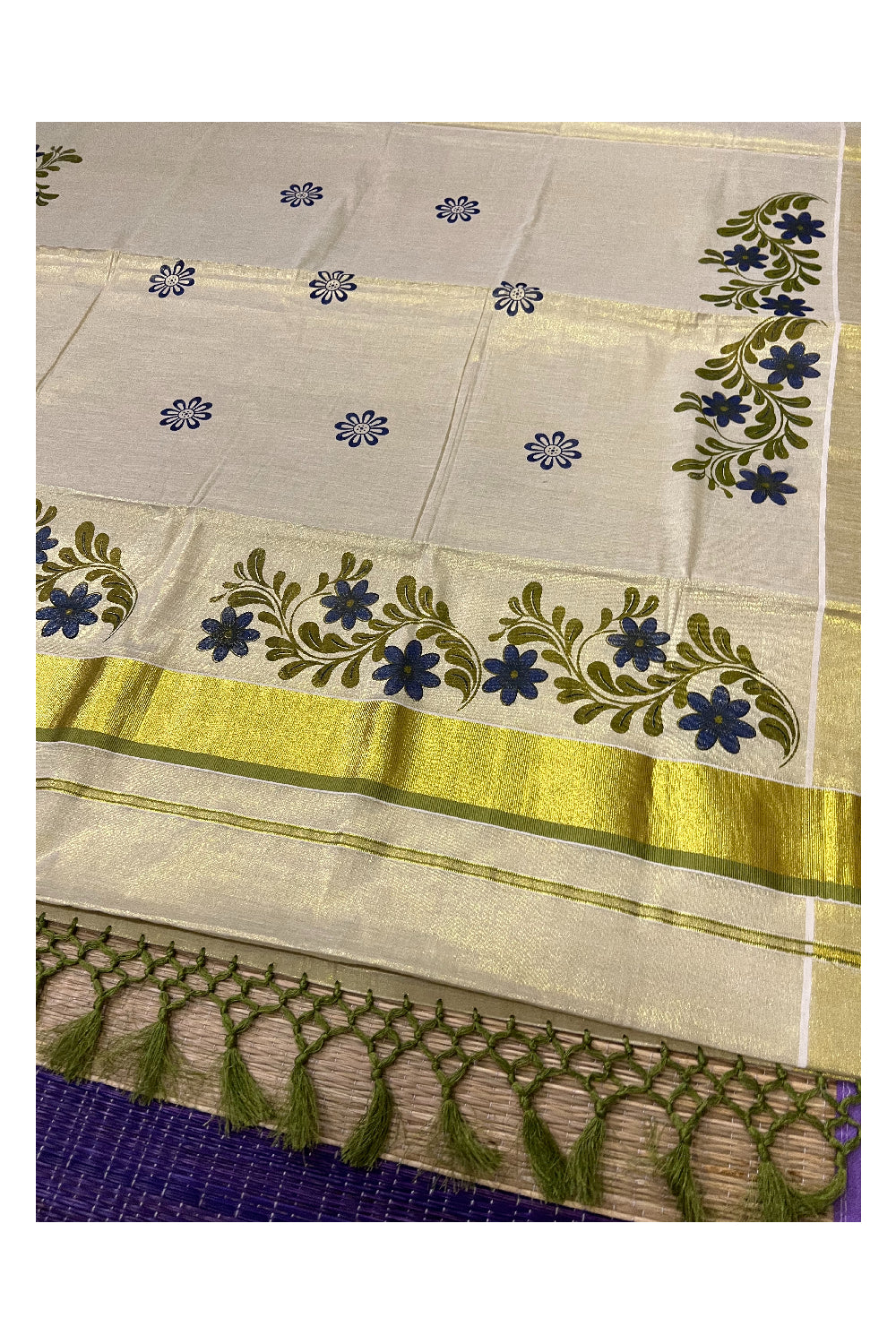 Kerala Tissue Kasavu Saree with Light Green Dark Blue Mural Floral Design and Tassels on Pallu