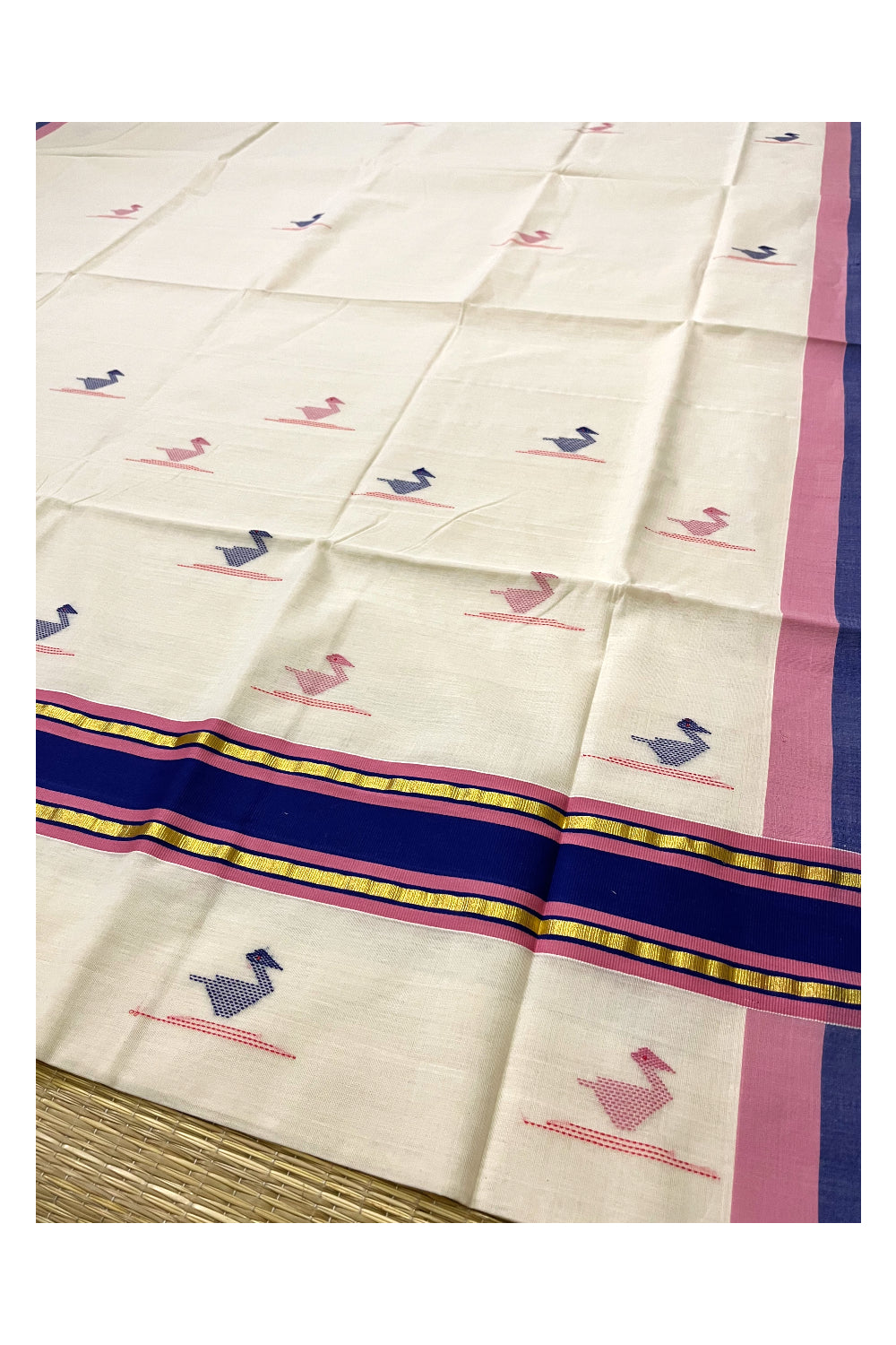 Southloom Premium Unakkupaavu Handloom Butta Works Kasavu Saree with Blue and Pink Border