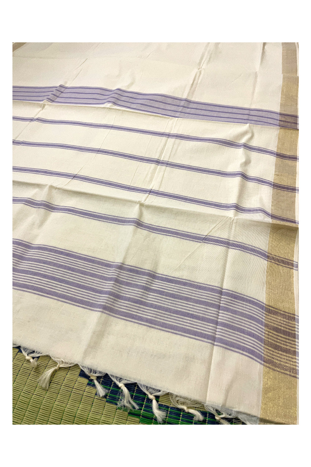 Pure Cotton Off White Kerala Saree with Violet Pallu and Lines Design Running Blouse Piece (Onam Saree 2023)