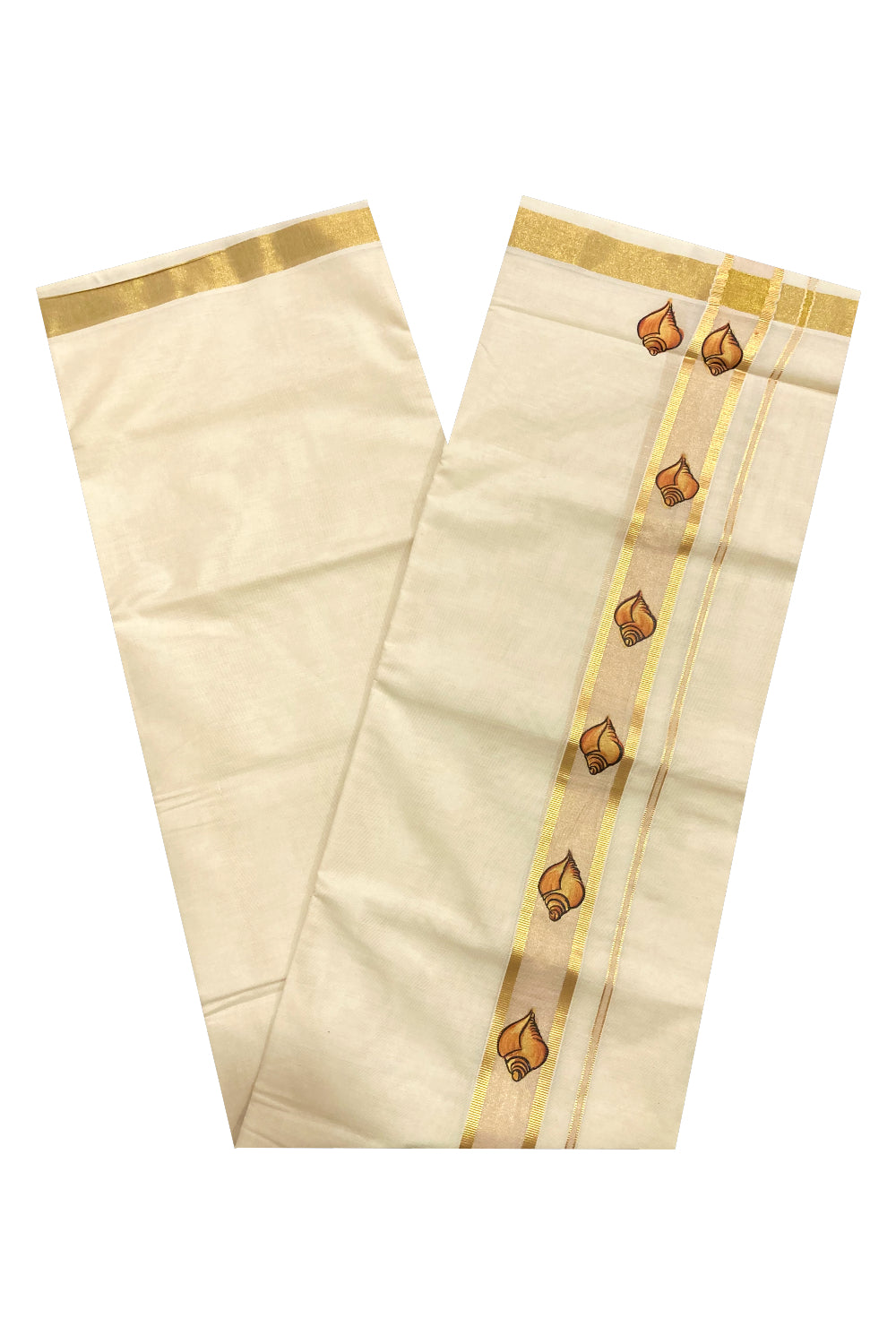 Off White Pure Cotton Double Mundu with Mural Prints on Kasavu Kara (South Indian Dhoti)