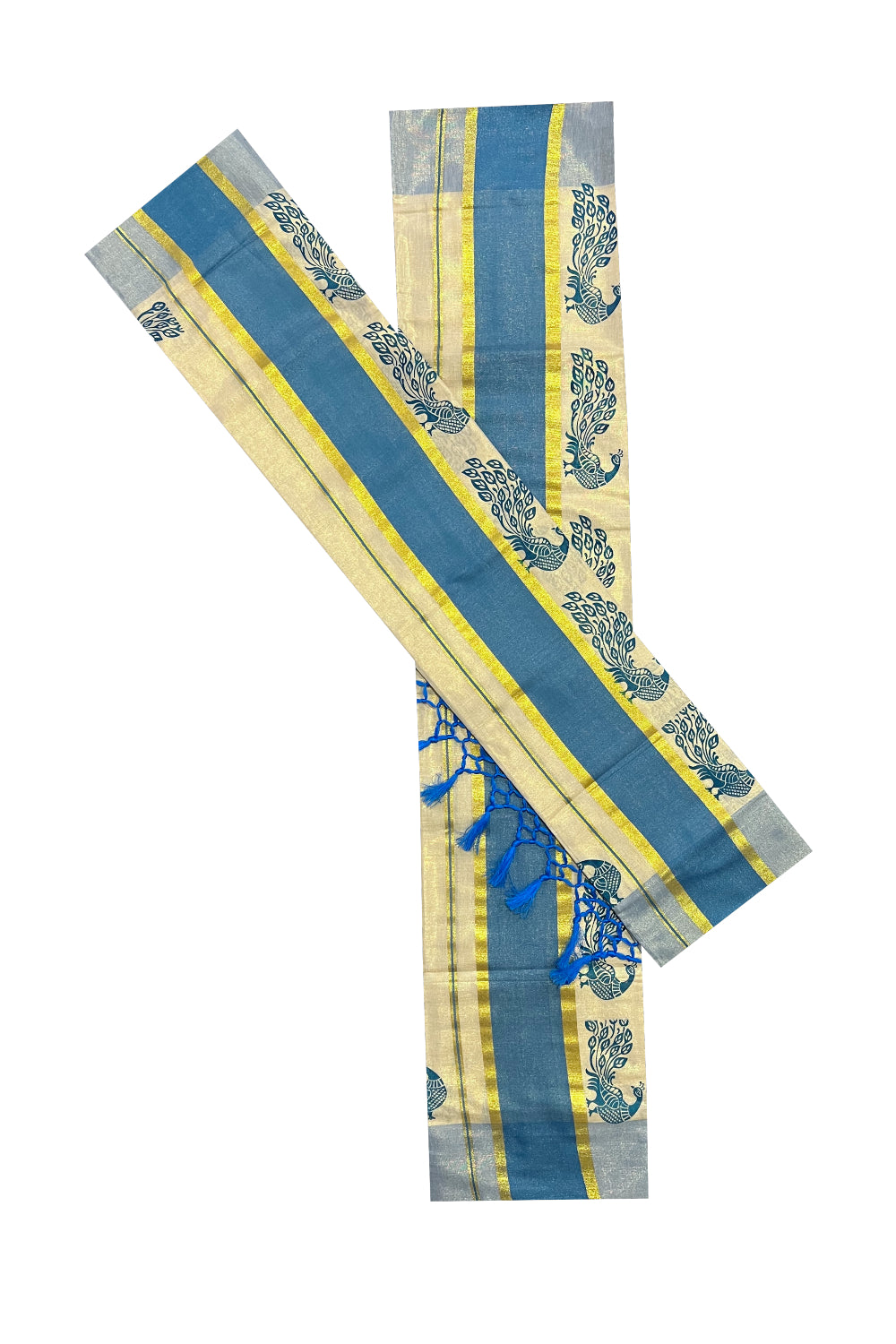 Kerala Tissue Kasavu Set Mundu (Mundum Neriyathum) with Blue Peacock Block Prints and Tassels Border