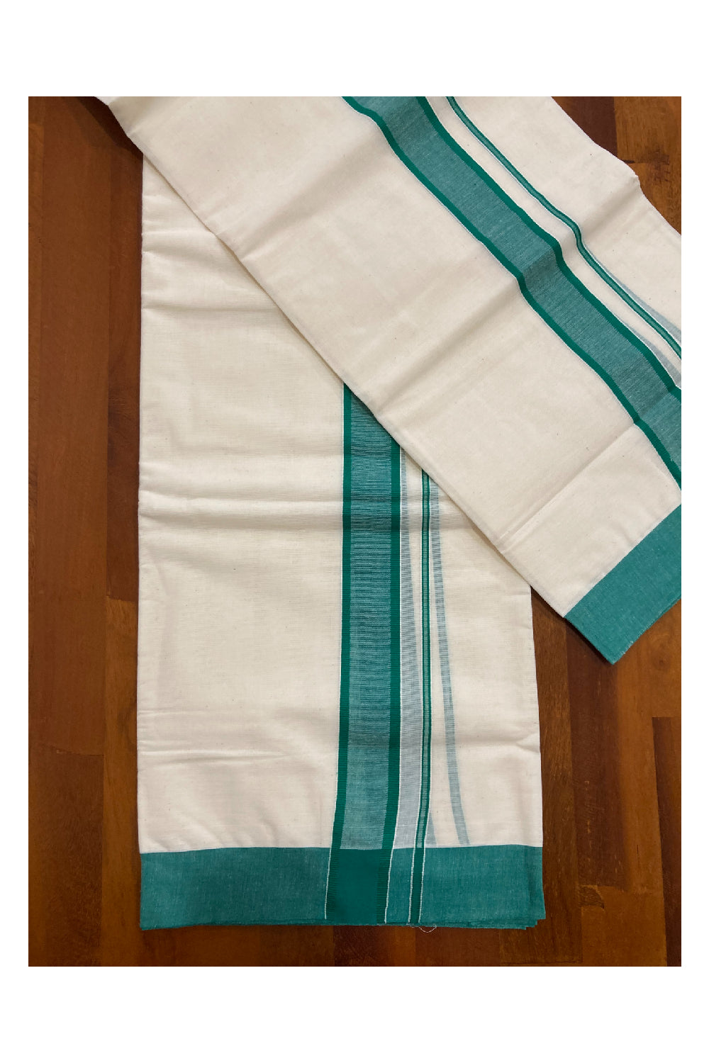 Kerala Cotton Mundum Neriyathum Double (Set Mundu) with Green Border