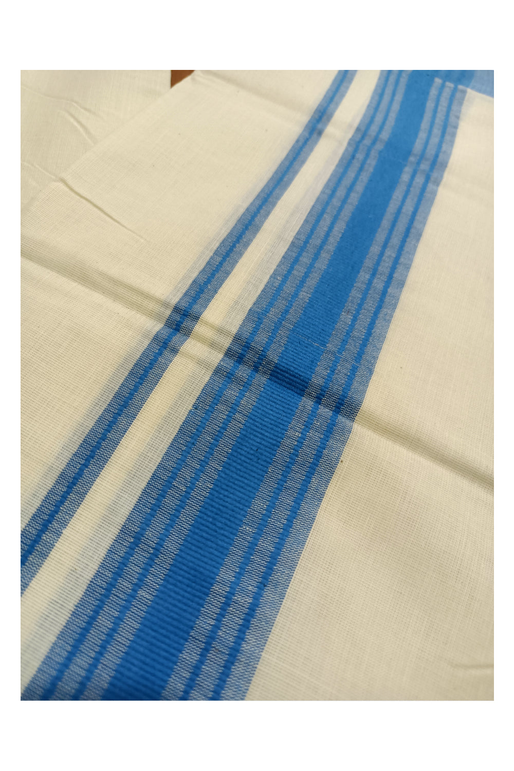 Off White Kerala Double Mundu with Blue Lines Border (South Indian Dhoti)