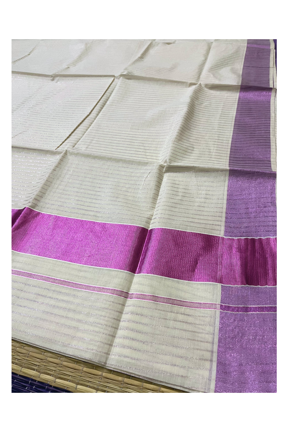 Kerala Pure Cotton Pink Kasavu Lines Saree with 3 inch Border