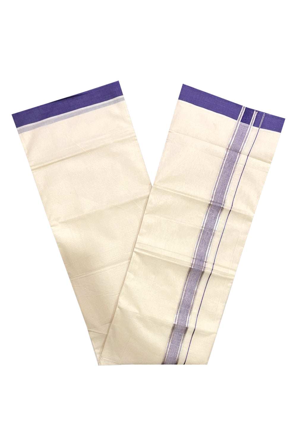 Pure Cotton Off White Double Mundu with Silver Kasavu and Purple Border (South Indian Dhoti)