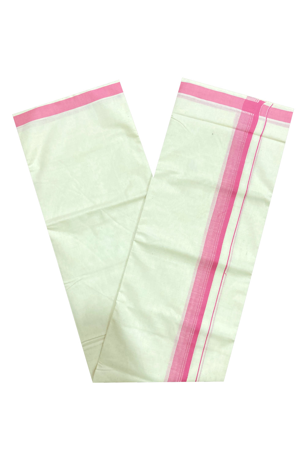 Off White Pure Cotton Double Mundu with Pink Border (South Indian Dhoti)