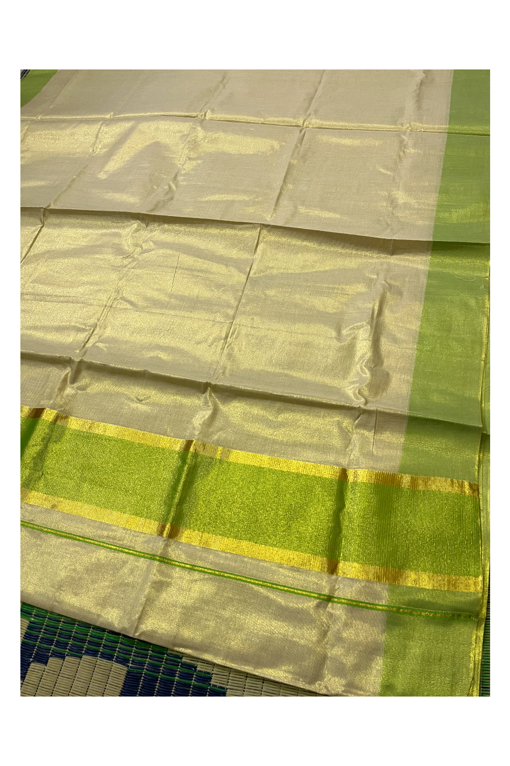 Kerala Tissue Kasavu Plain Saree with Green and Kasavu Border