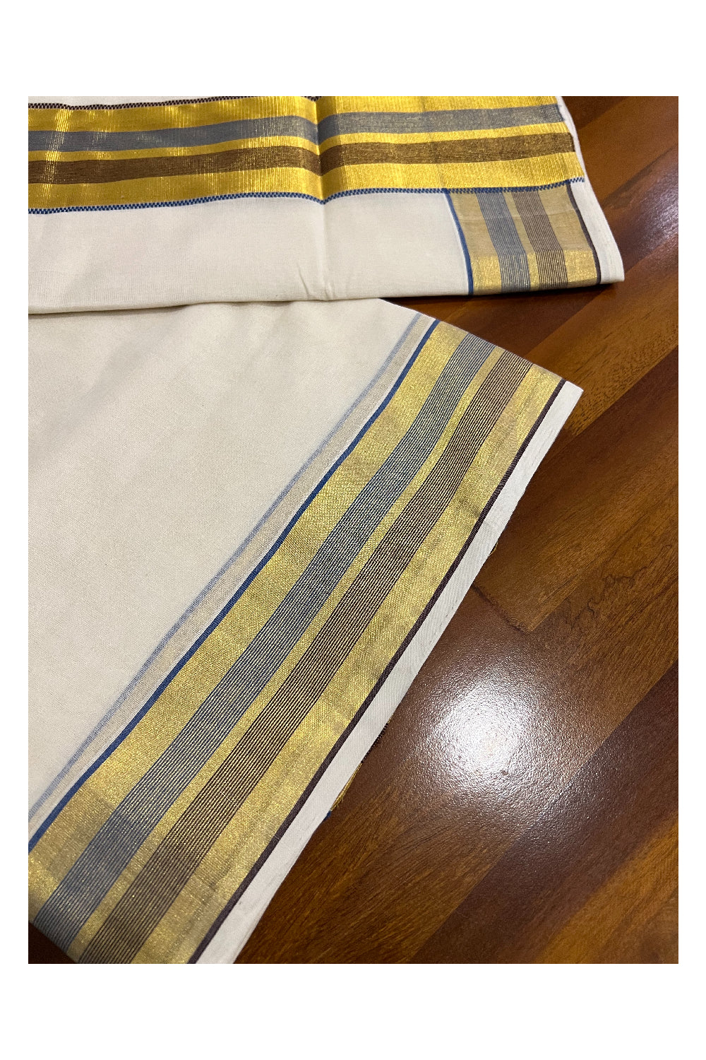 Southloom™ Premium Handloom Kerala Saree with Kasavu Blue and Brown Border