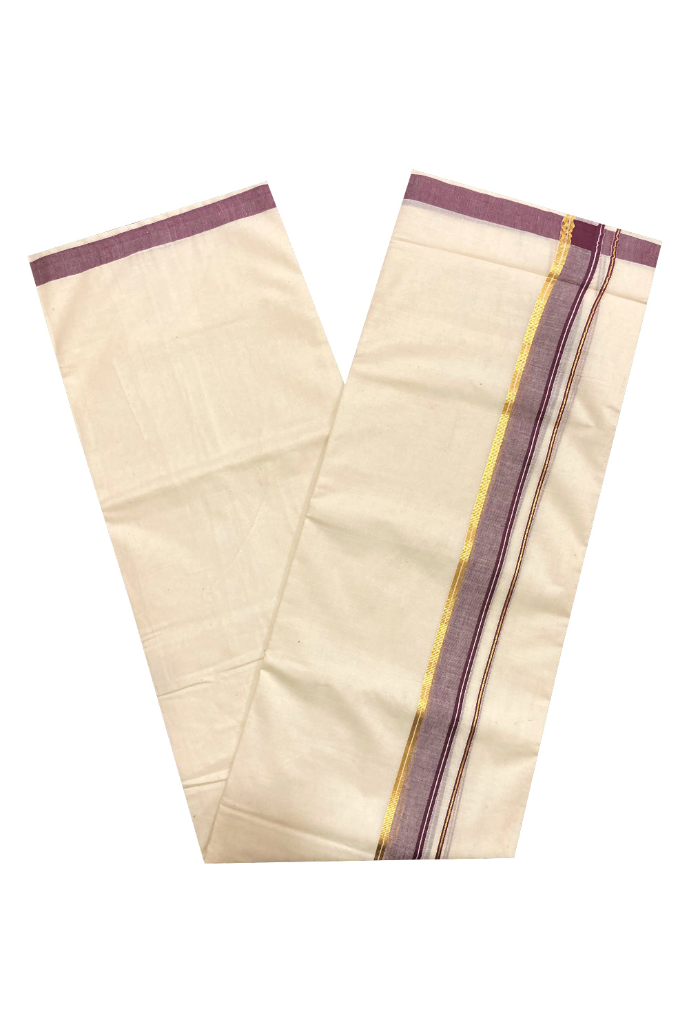 Off White Pure Cotton Double Mundu with Kasavu and Purple Border (South Indian Dhoti)