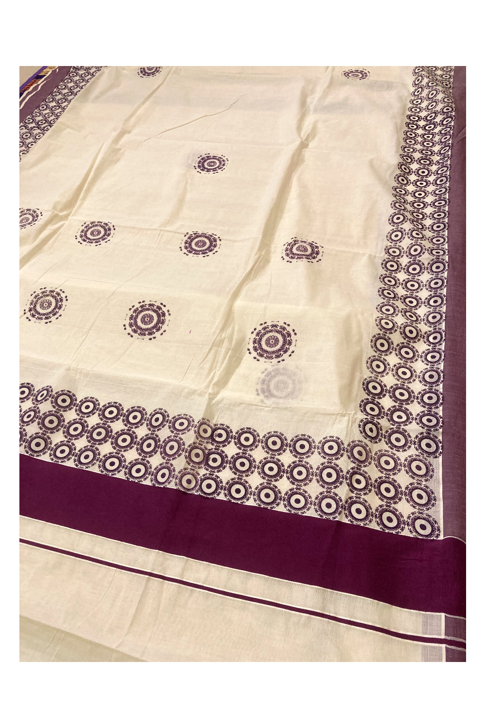 Pure Cotton Kerala Saree with Purple Block Prints on Border and Pallu