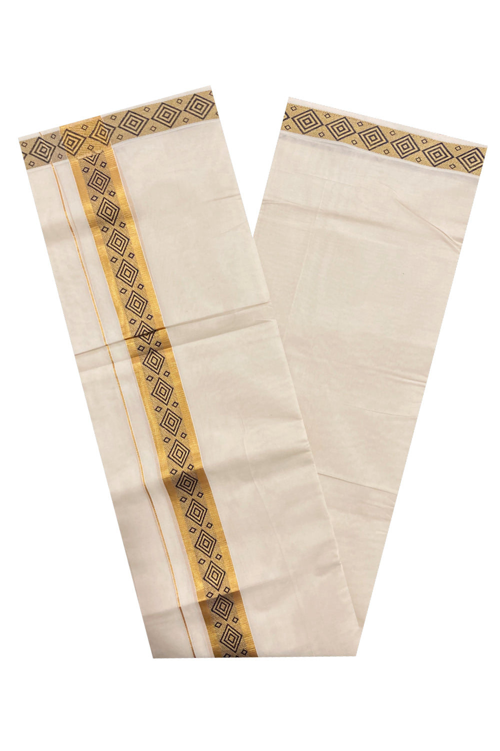 Off White Kerala Double Mundu with Kasavu and Navy Blue Woven Border (South Indian Dhoti)