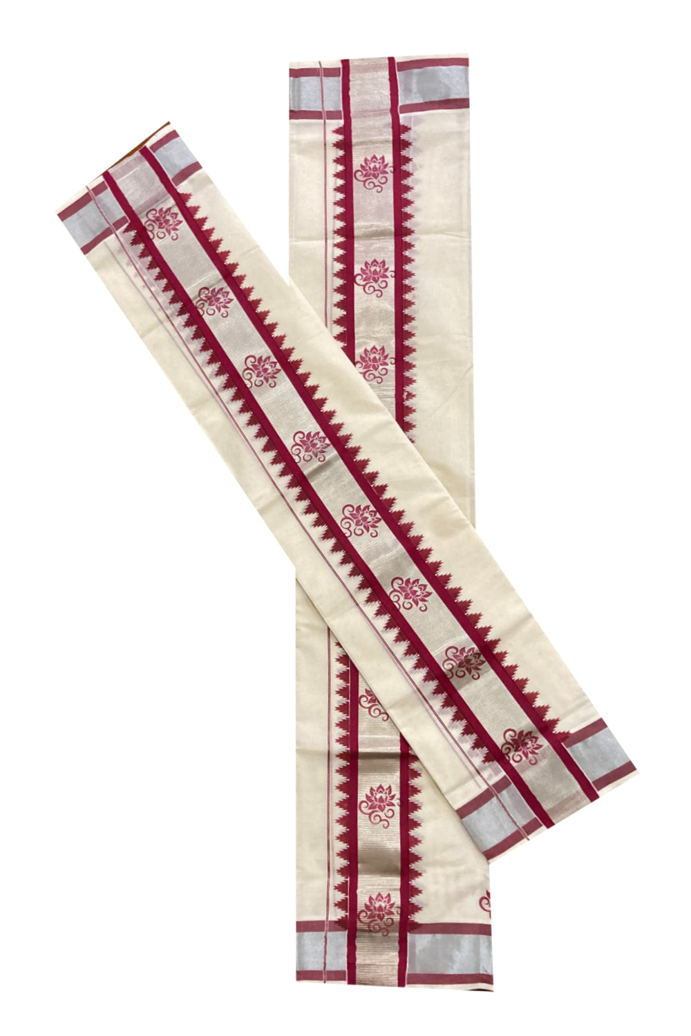 Single Set Mundu in Silver and Maroon Kara with Hand Block Prints (2.80 m)