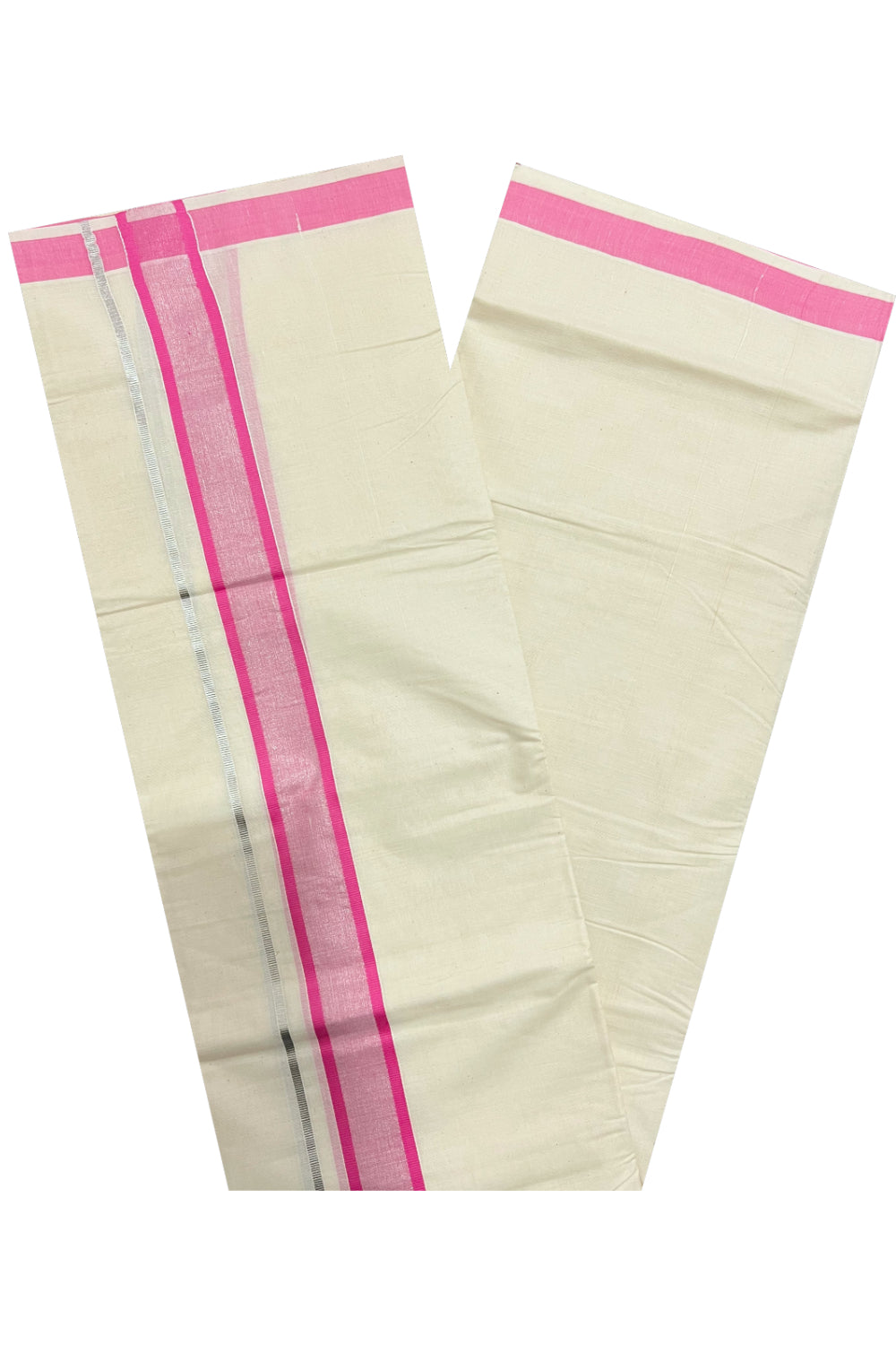 Pure Cotton Off White Double Mundu with Silver Kasavu and Pink Border (South Indian Dhoti)