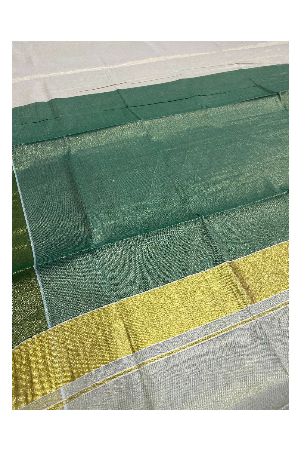 Kerala Tissue Kasavu Half and Half Gareen Golden Coloured Saree