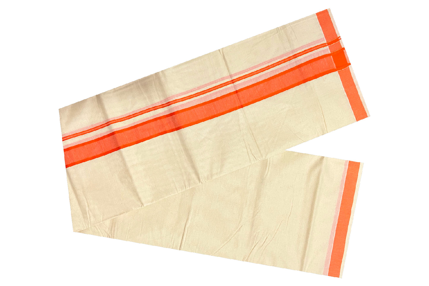 Off White Pure Cotton Double Mundu with Orange Border (South Indian Dhoti)