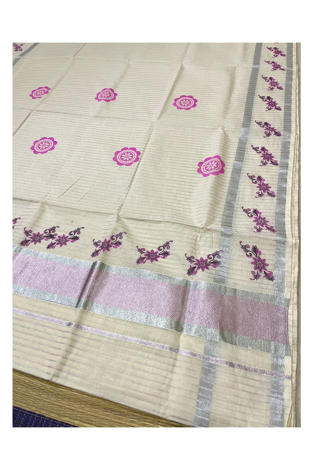 Pure Cotton Kerala Saree with Silver Lines Design on Body and Pink Floral Block Prints