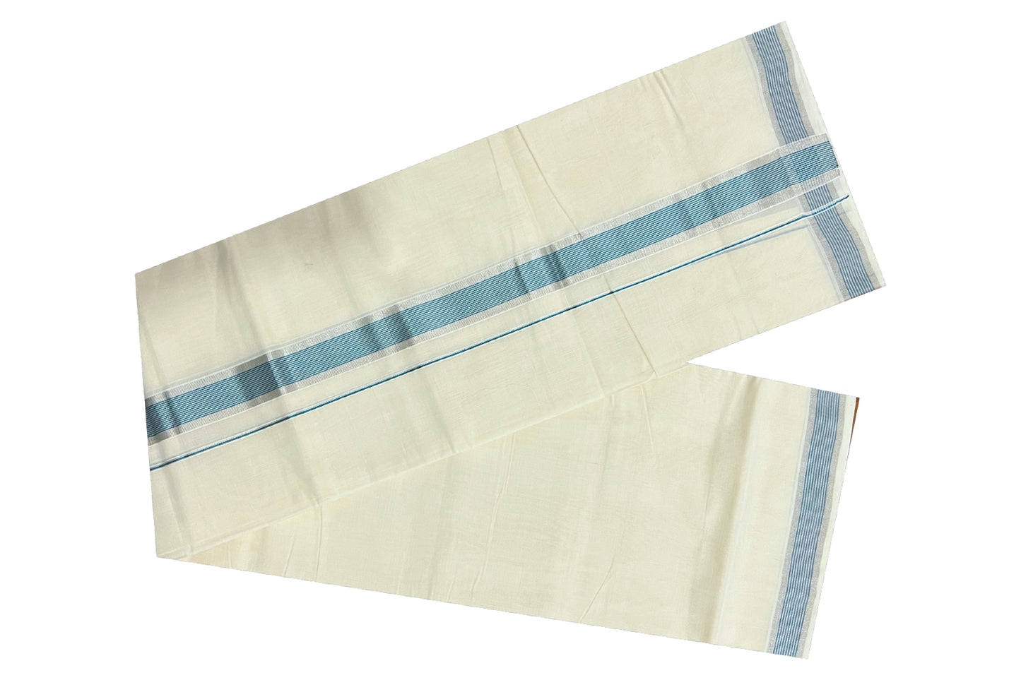 Southloom Kuthampully Handloom Pure Cotton Mundu with Silver and Light Blue Kasavu Border (South Indian Dhoti)
