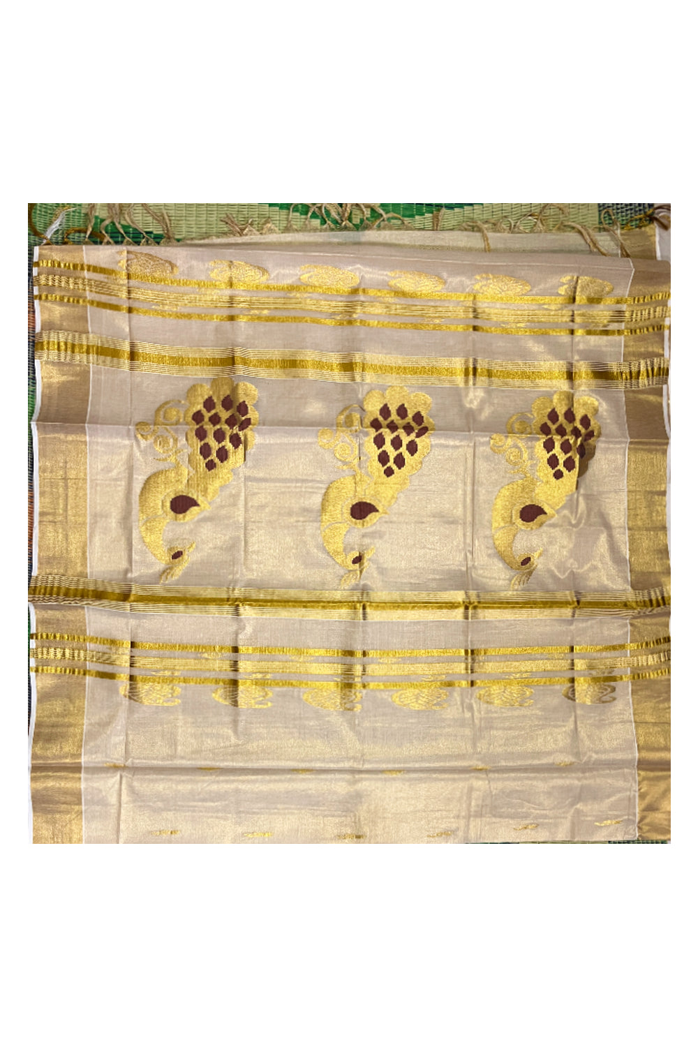 Kerala Tissue Kasavu Saree with Golden and Brown Heavy Woven Works (Vishu Saree 2023)