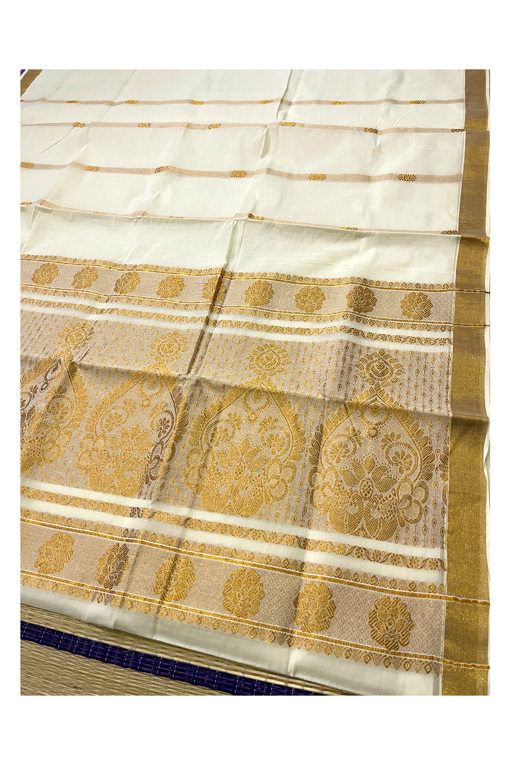Kerala Kasavu Floral Heavy Woven Work Cotton Saree (Vishu Saree 2023)