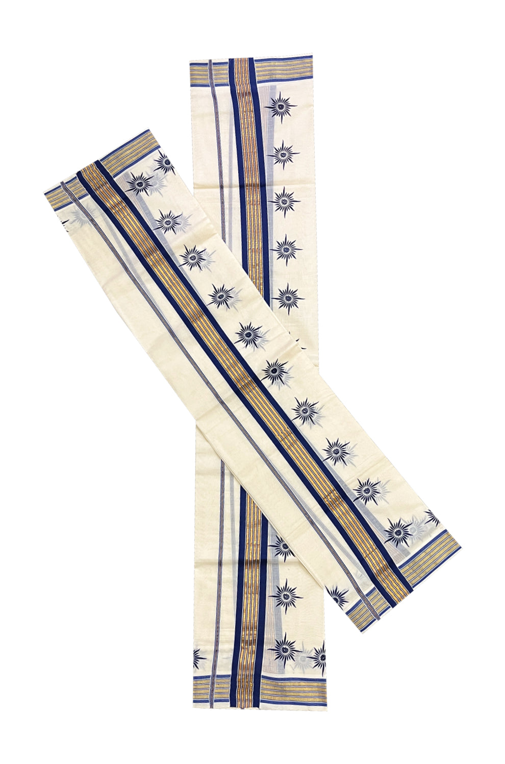 Pure Cotton Kasavu Single Set Mundu (Mundum Neriyathum Vishu 2023) with Blue Block Prints