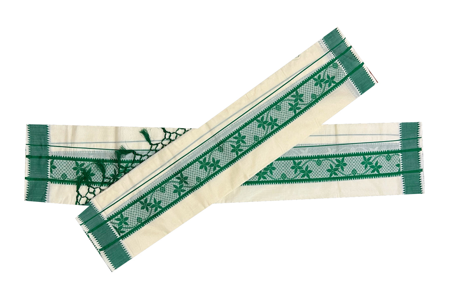 Kerala Cotton Set Mundu (Mundum Neriyathum) with Green Woven Floral Temple Work and Tassels Border