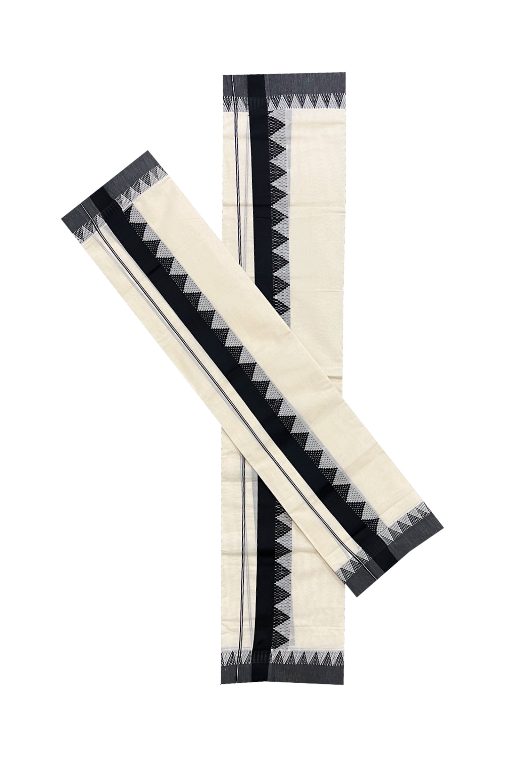 Kerala Cotton Mundum Neriyathum Single (Set Mundu) with Black Temple Woven Border