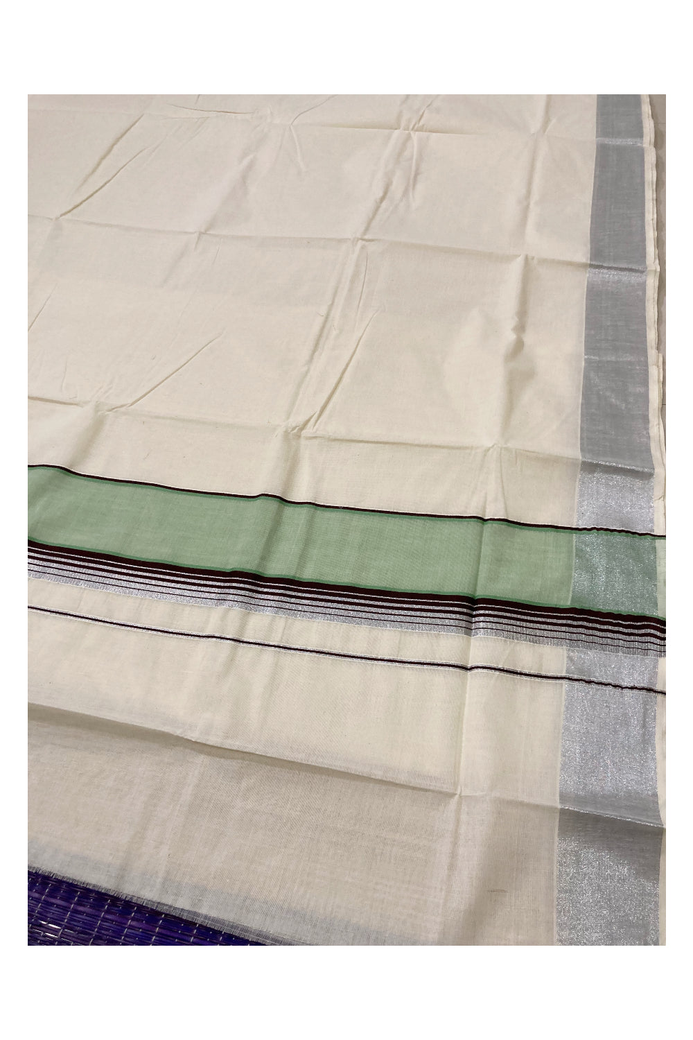 Pure Cotton Silver Kasavu Plain Saree with Dark Brown and Light Green Border