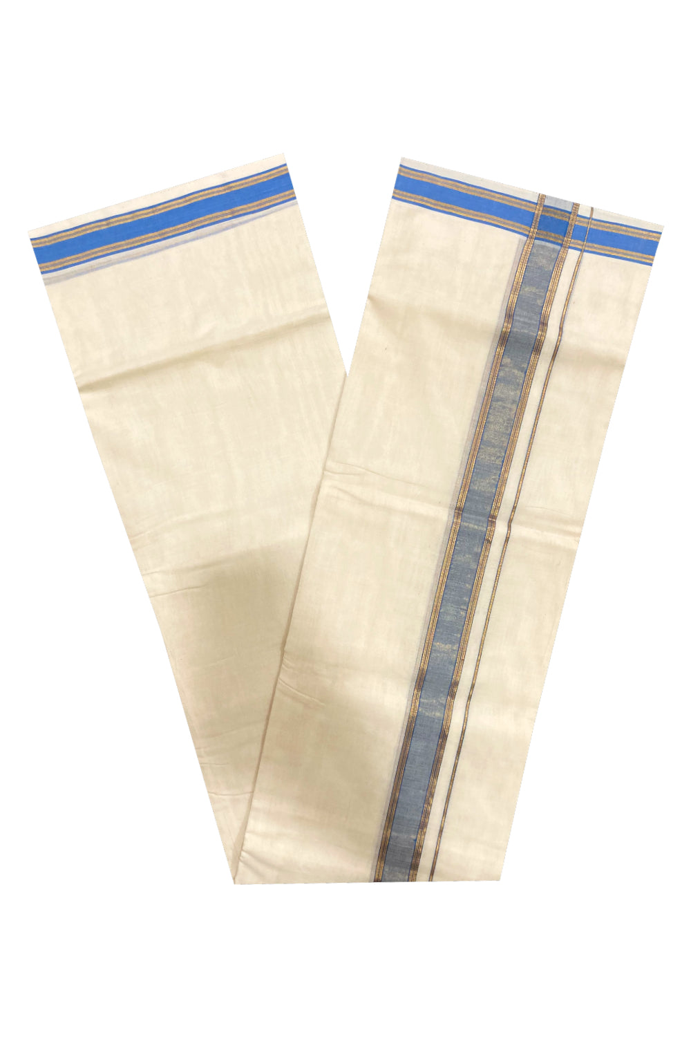 Southloom Premium Handloom Pure Cotton Mundu with Blue and Kasavu Border (South Indian Dhoti)