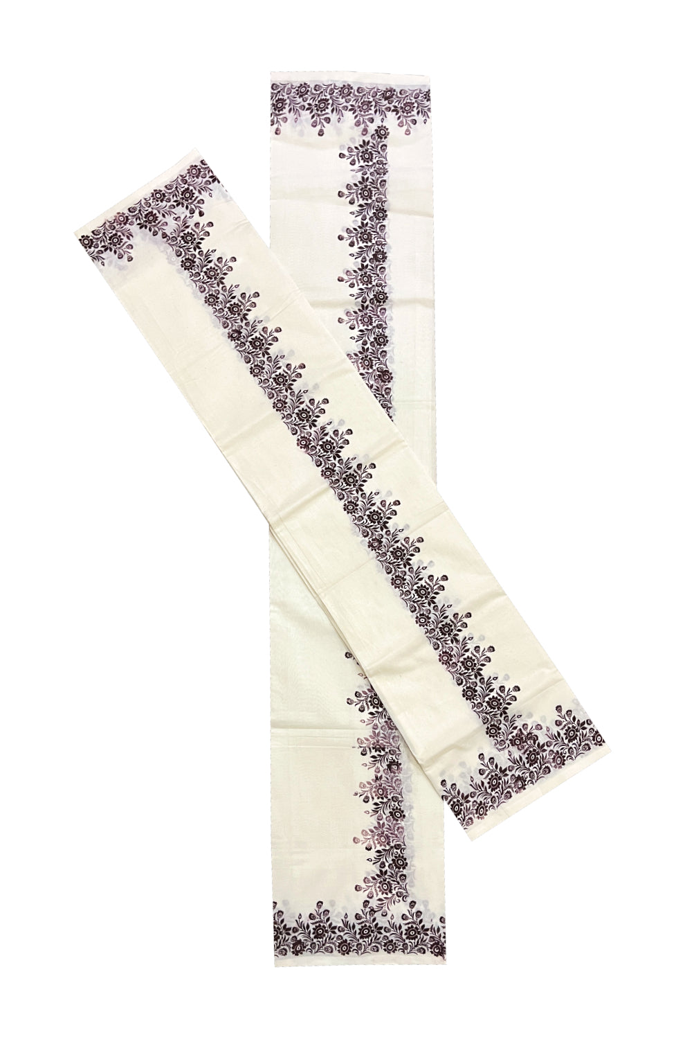 Kerala Cotton Set Mundu (Mundum Neriyathum) with Brown Floral Block Prints on Border 2.80 Mtrs