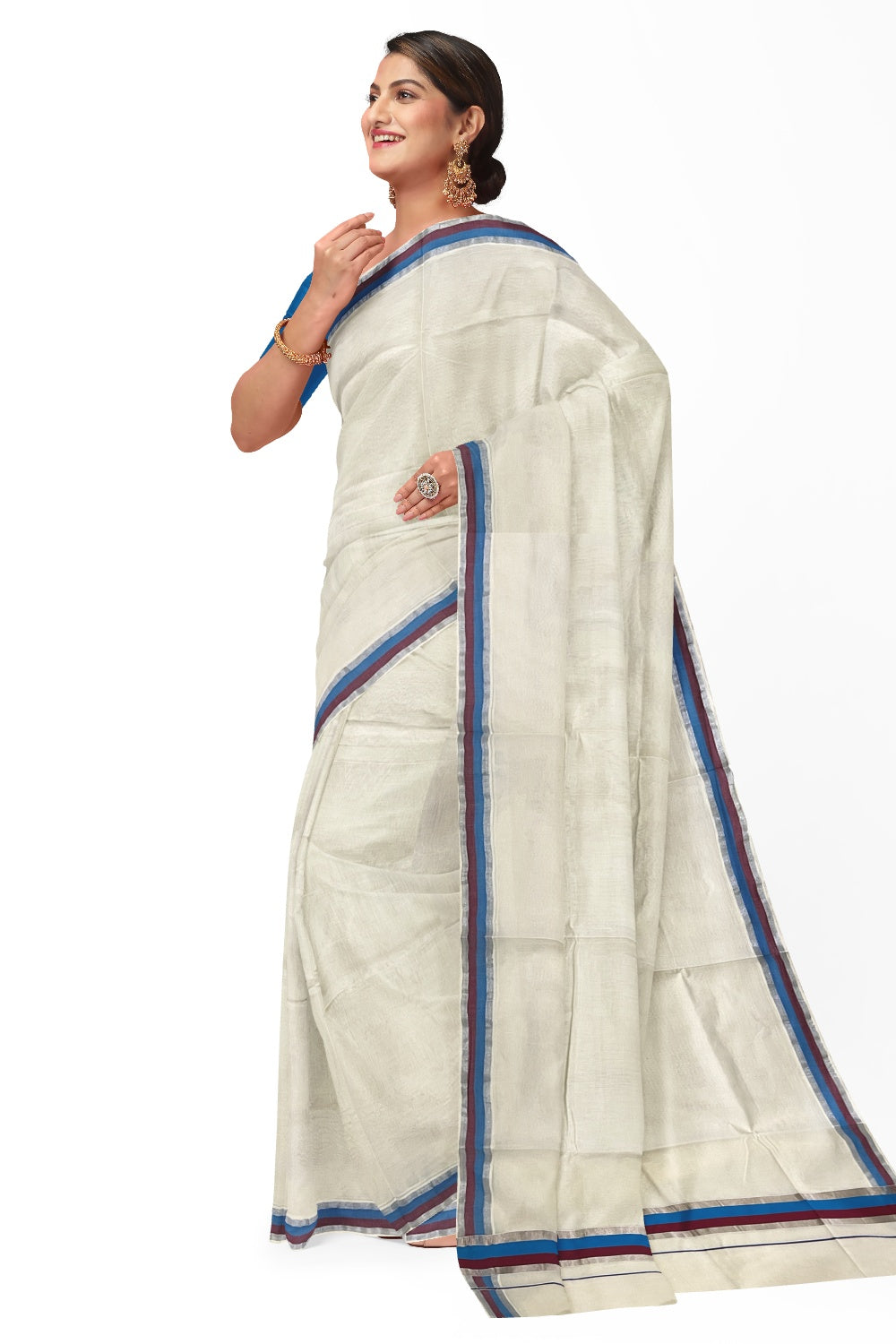 Kerala Pure Cotton Plain Saree with Silver Kasavu Blue and Maroon Border