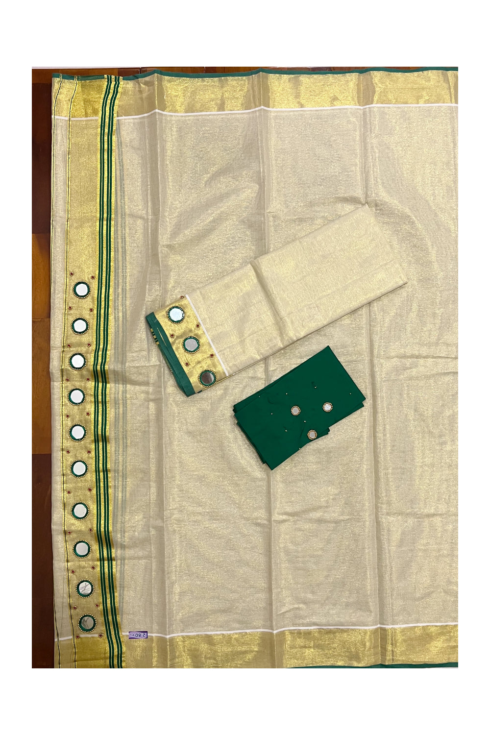 Kerala Tissue Kasavu Set Mundu (Mundum Neriyathum) with Green Border and Mirror Bead Handwork Design 2.80 Mtrs (Include Blouse Piece)