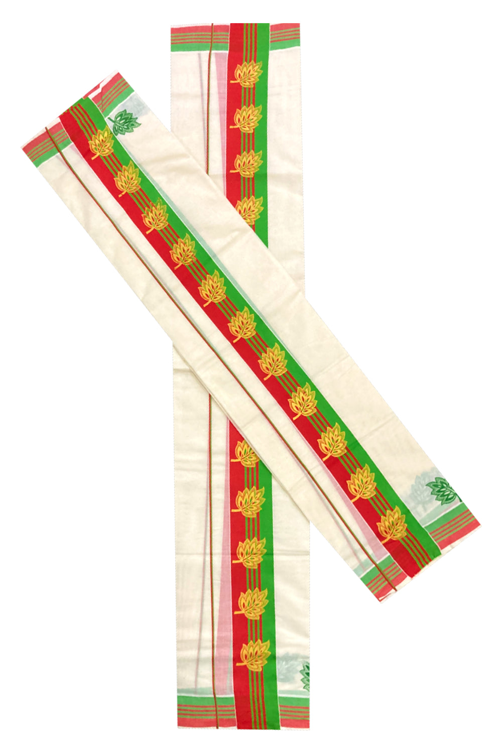 Cotton Set Mundu (Mundum Neriyathum) with Golden Block Prints on Green and Red Border