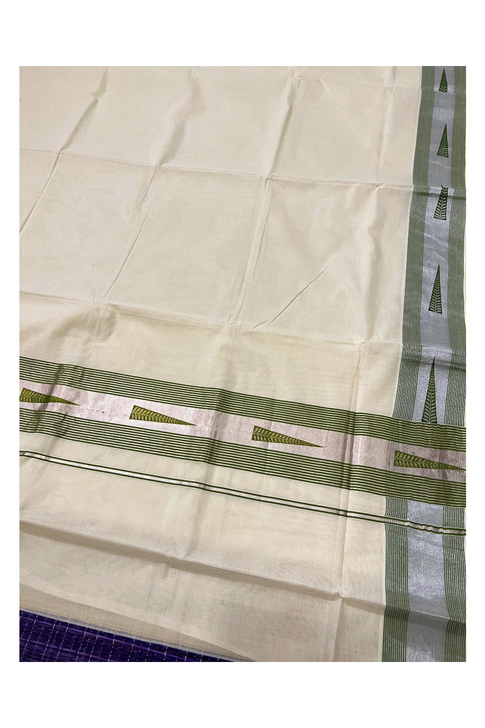 Pure Cotton Kerala Silver Kasavu and Light Green Border Saree with Light Green Block Prints