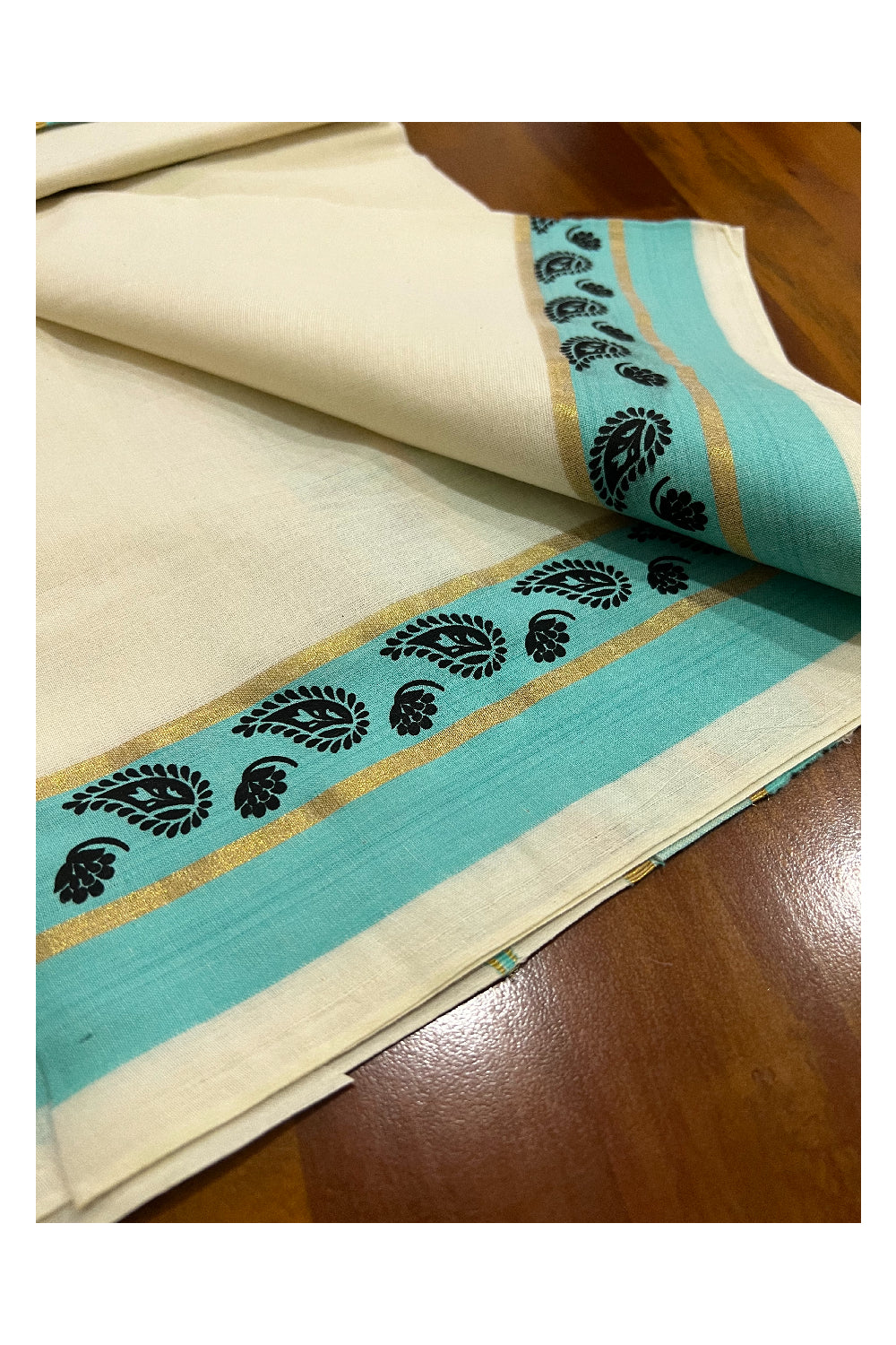 Southloom Onam 2022 Kasavu and Turquoise Kara Set Mundu with Hand Block Print