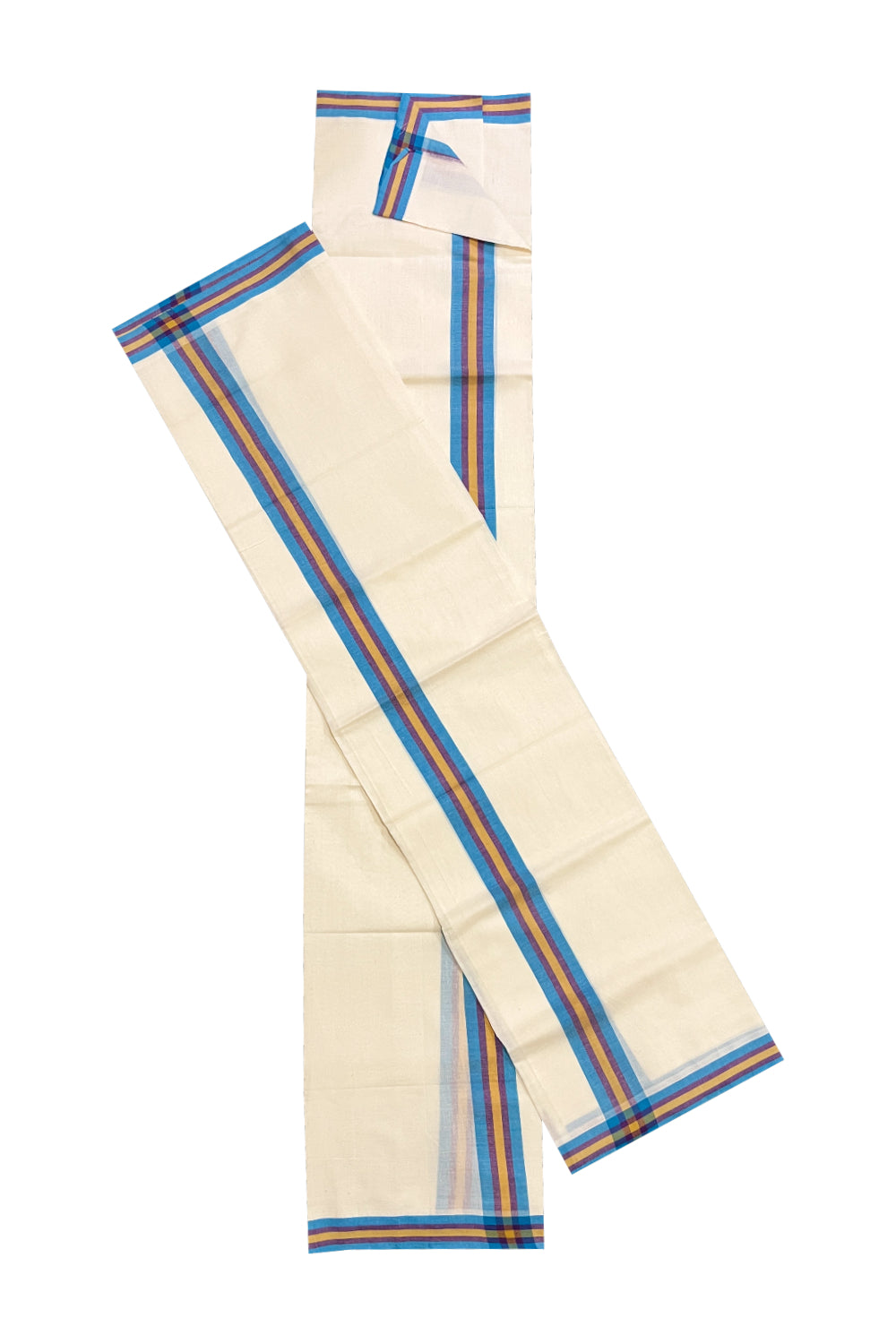 Kerala Cotton Mulloth Mundum Neriyathum Single (Set Mundu) with Blue and Yellow Border (Extra Soft Cotton)