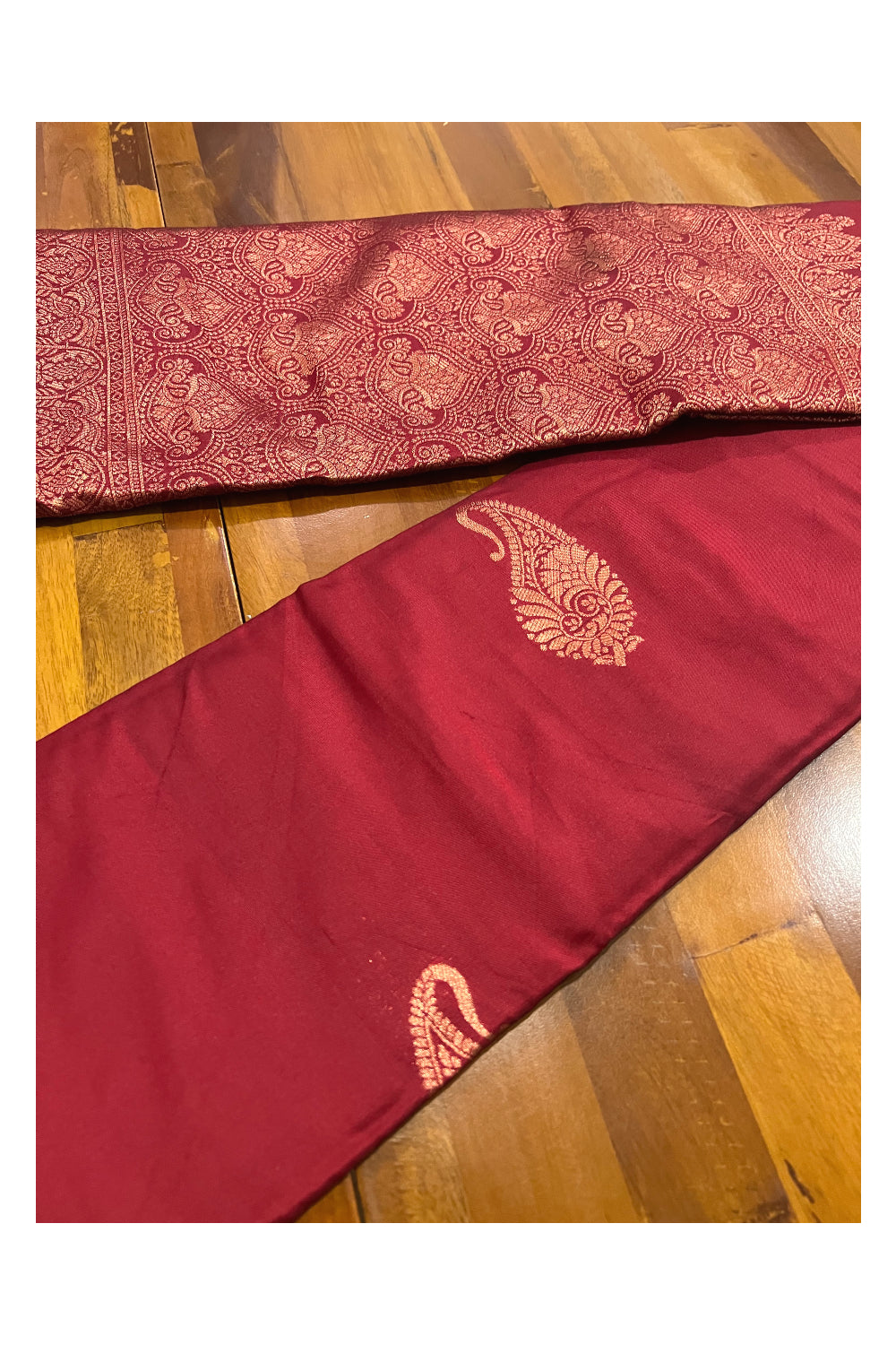 Southloom Red Semi Silk Designer Saree with Copper Kasavu Woven Works on Body