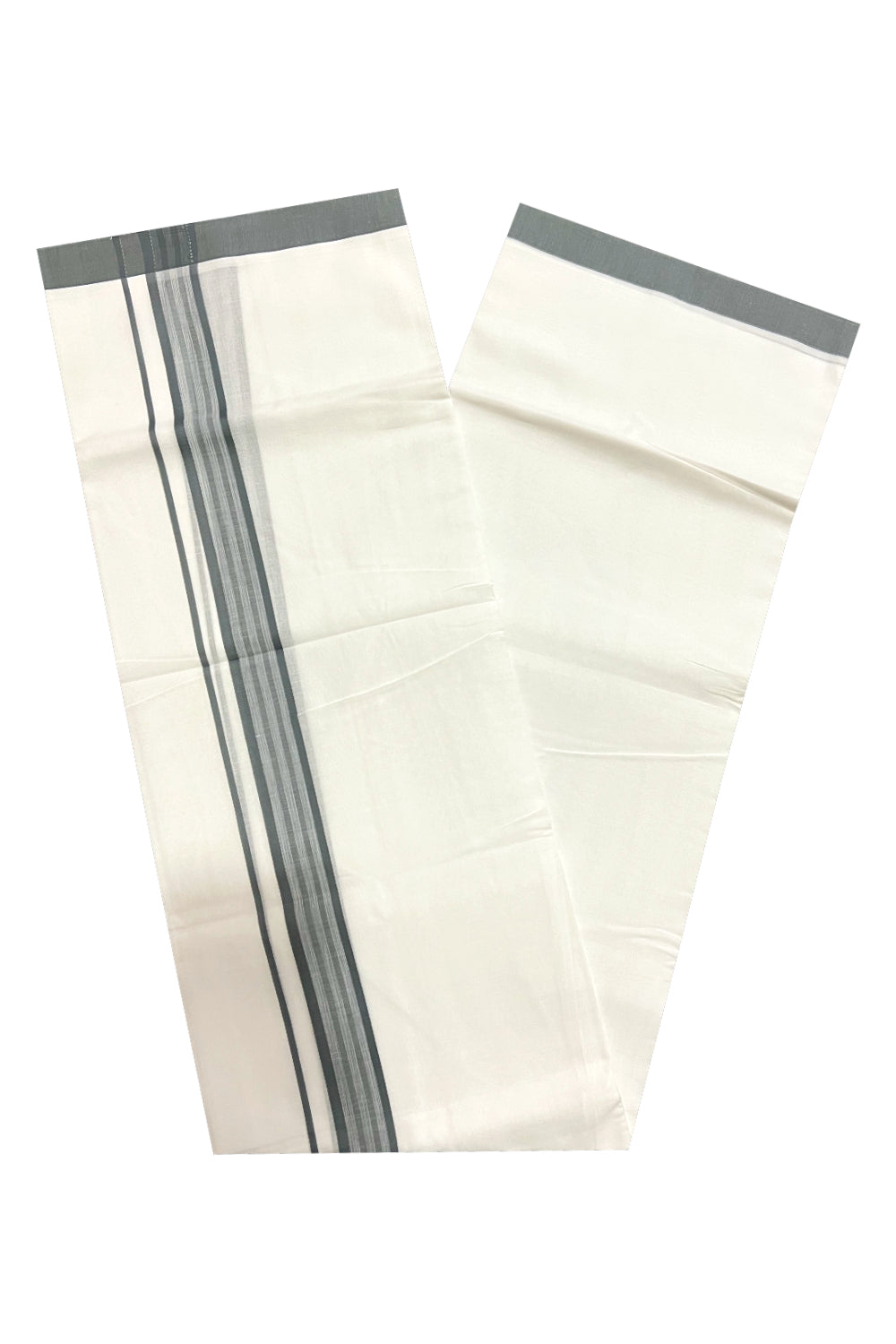 Pure White Cotton Double Mundu with Grey Border (South Indian Dhoti)