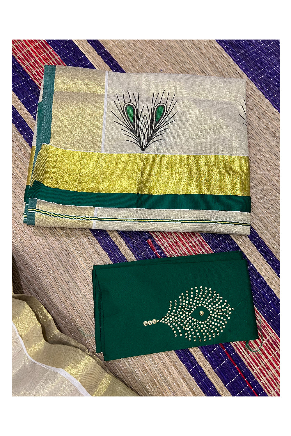 Kerala Tissue Semi Stitched Dhavani Set with Green Blouse Piece and Neriyathu with Mural Works