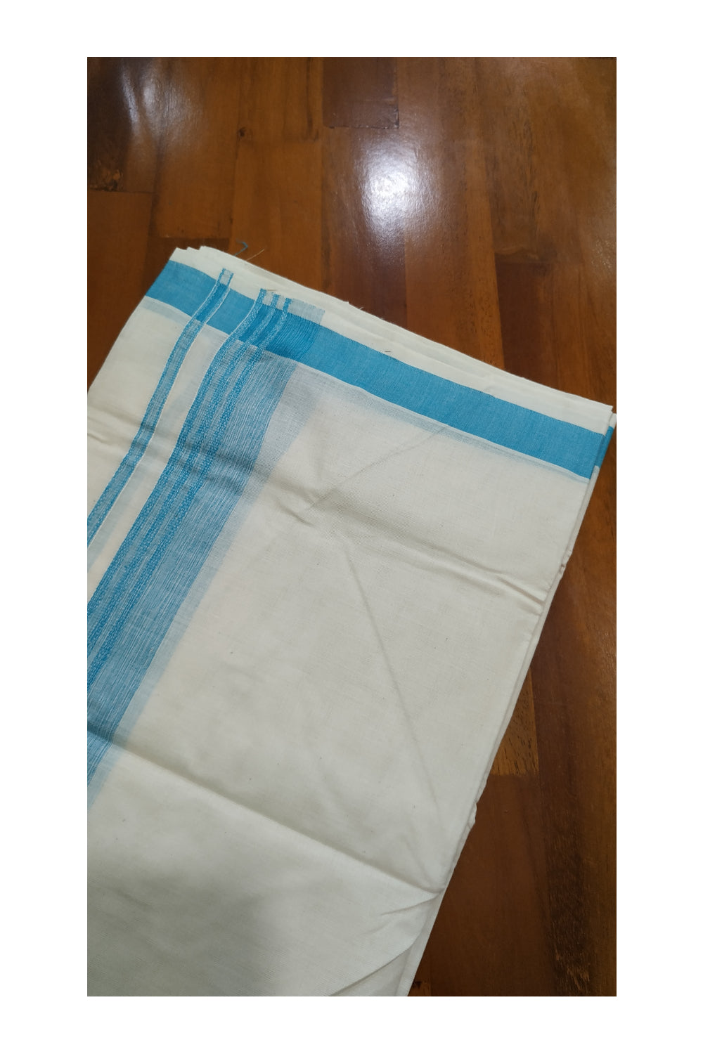 Off White Pure Cotton Mundu with Light Blue Border (South Indian Dhoti)