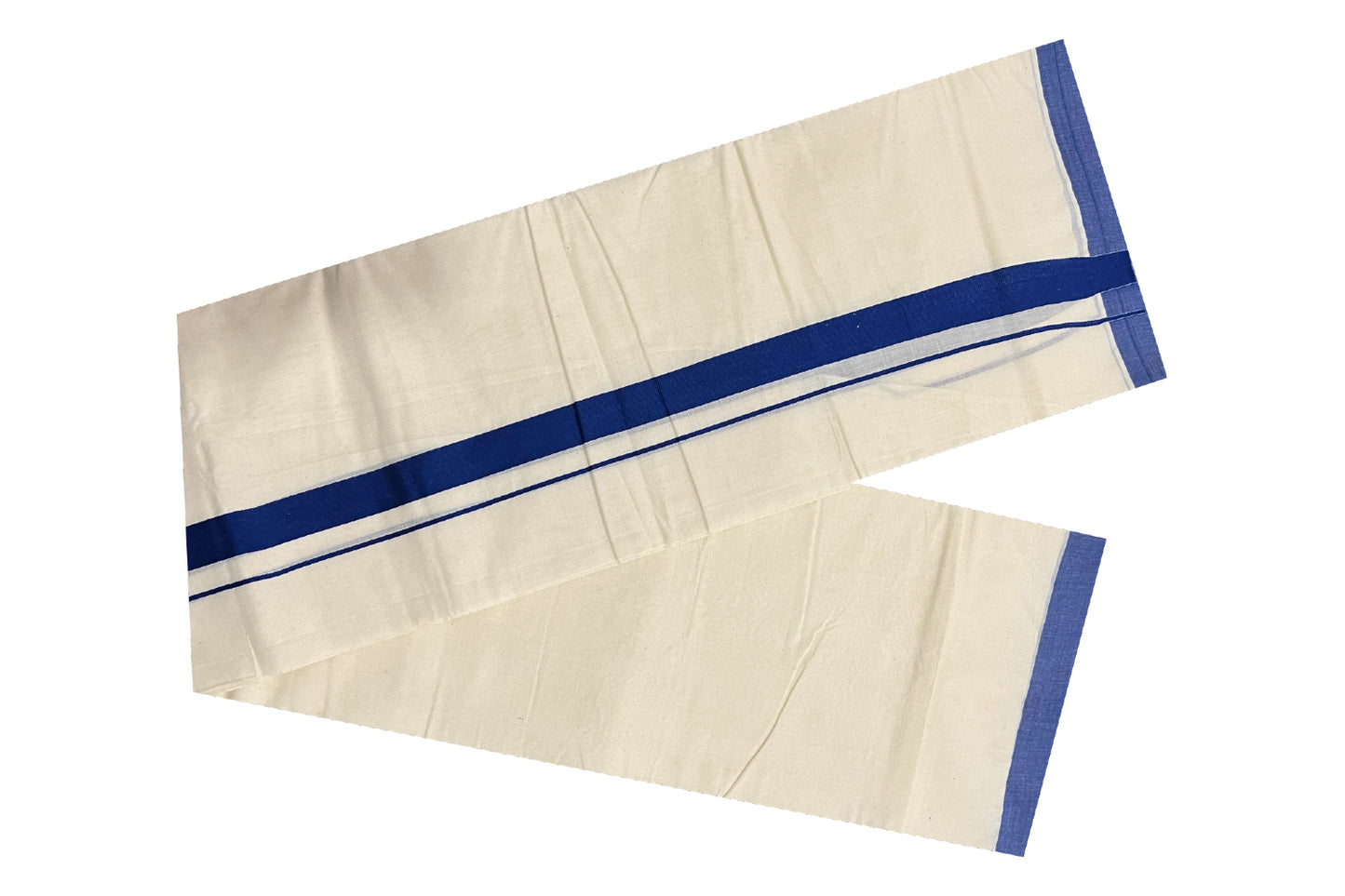 Off White Pure Cotton Double Mundu with Dark Blue Kara (South Indian Dhoti)