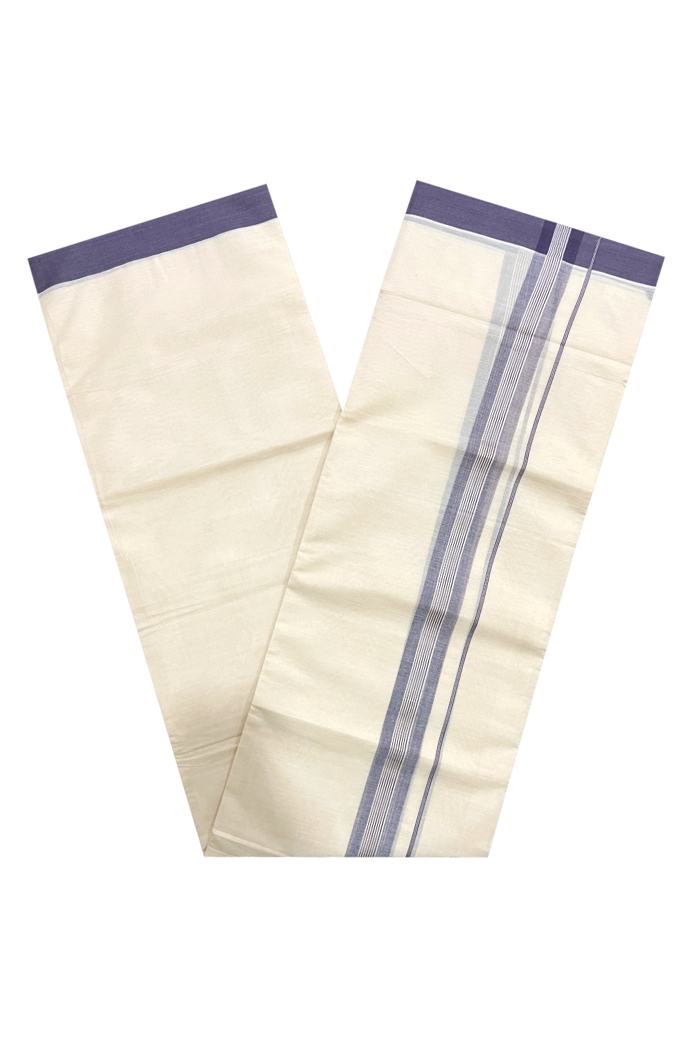 Pure Cotton Off White Double Mundu with Dark Purple Kara (South Indian Dhoti)