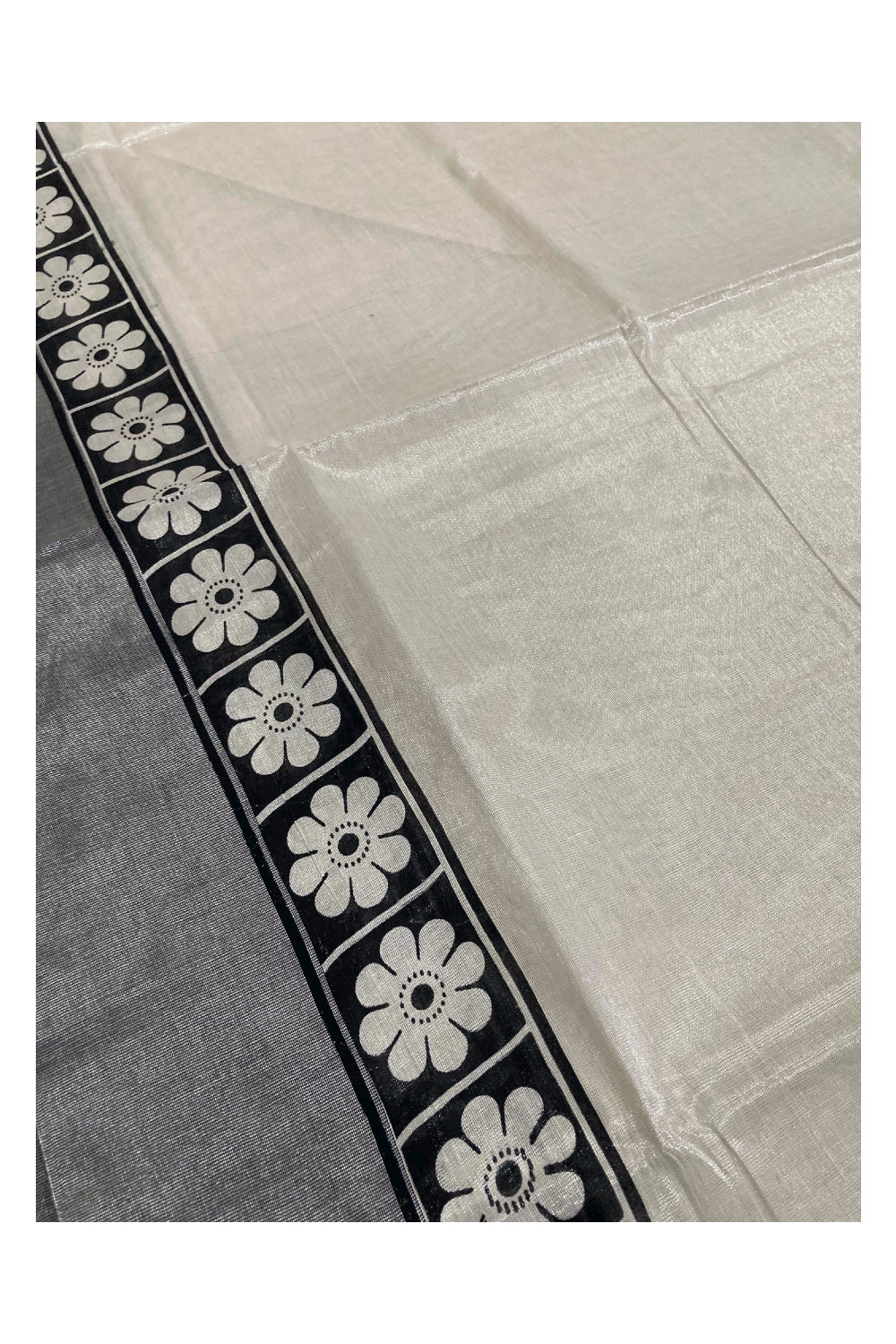 Kerala Silver Tissue Kasavu Black Floral Block Printed Saree