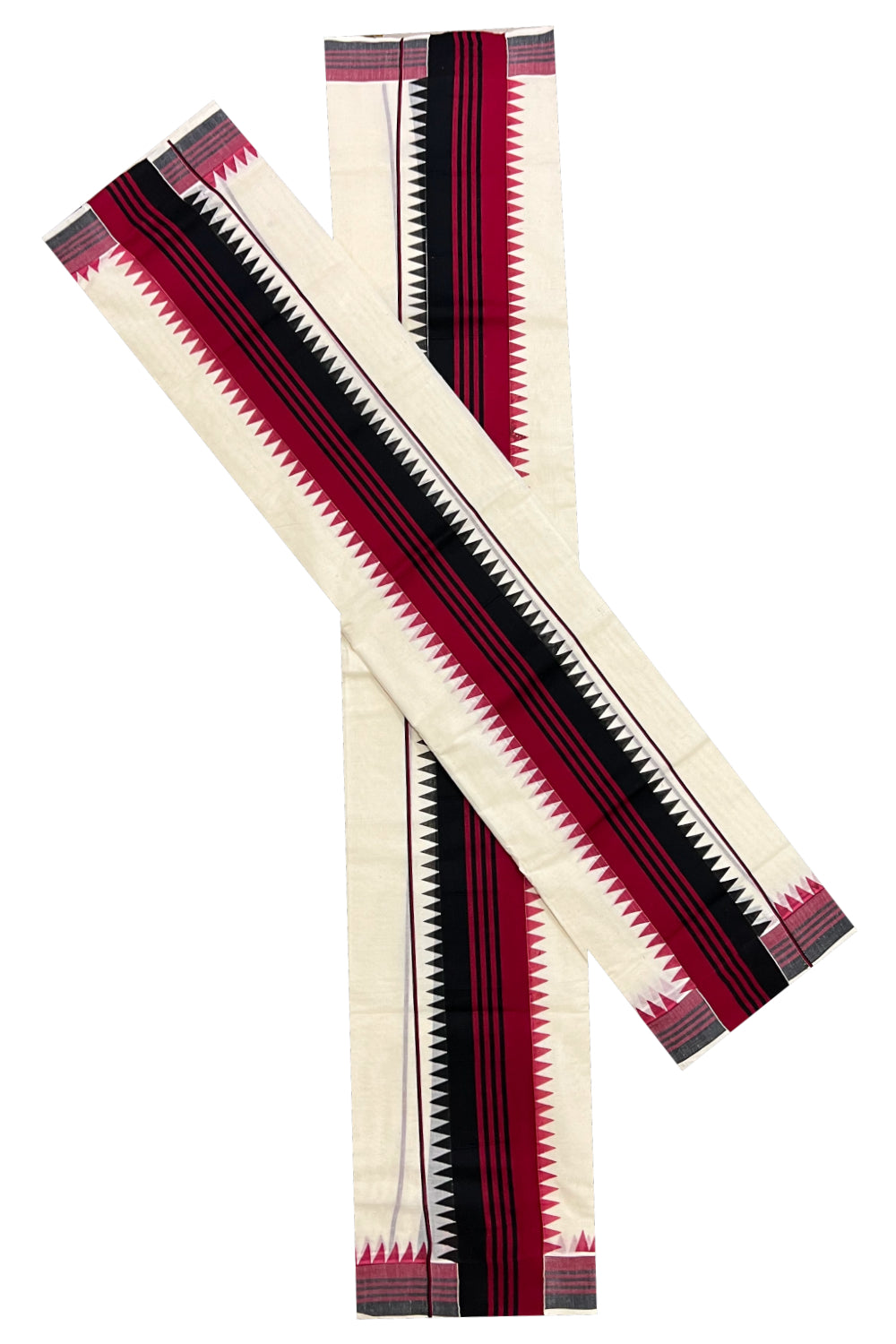 Pure Cotton Set Mundu (Mundum Neriyathum) with Maroon and Black Temple Block Prints on Border